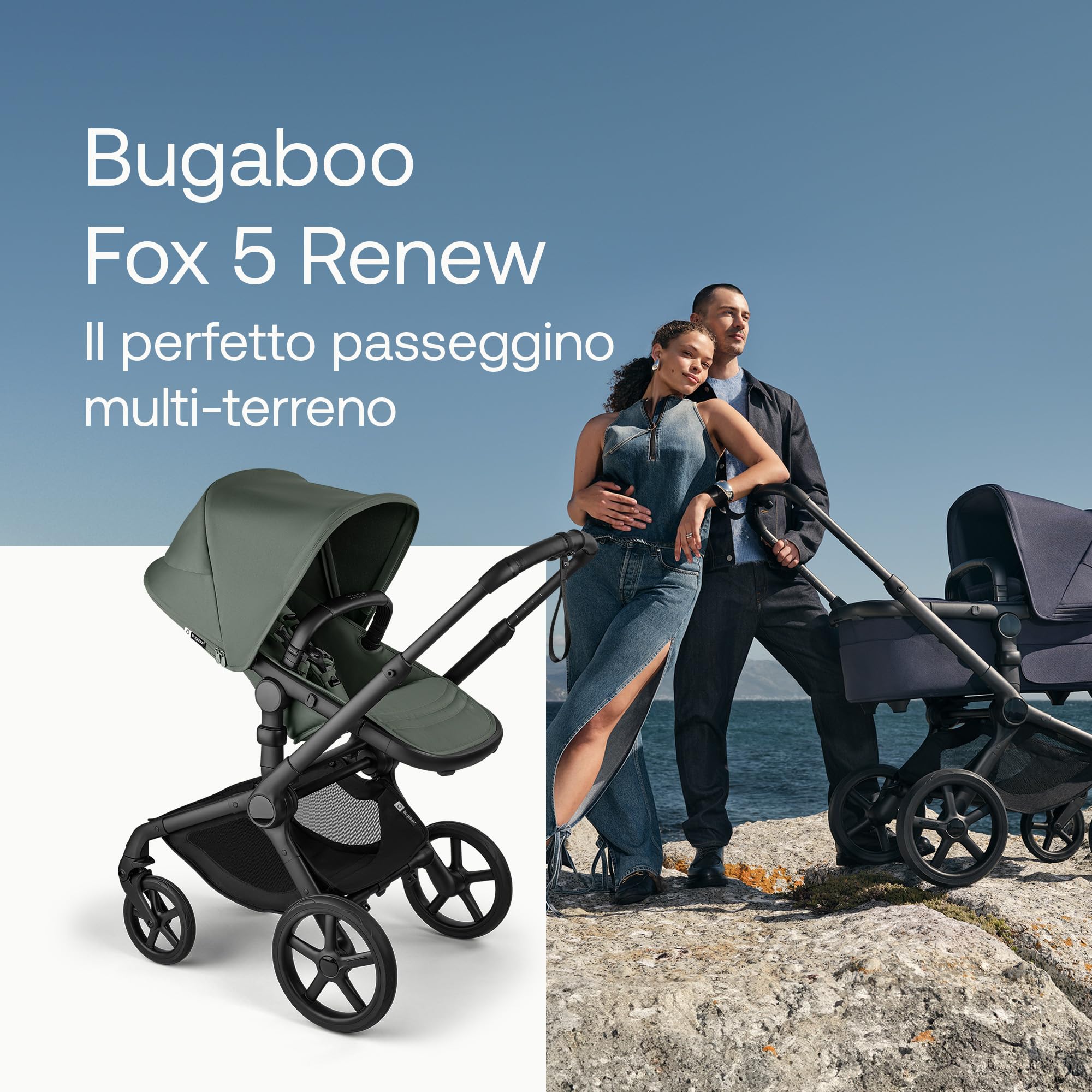 Bugaboo Fox 5 Renew, Passeggino Multi-Terreno 2 in 1 per Bambini, Chiusura Facile, Navicella Spaziosa, Seduta da Bambino Estensibile, Telaio Nero e Cappottina Forest Green