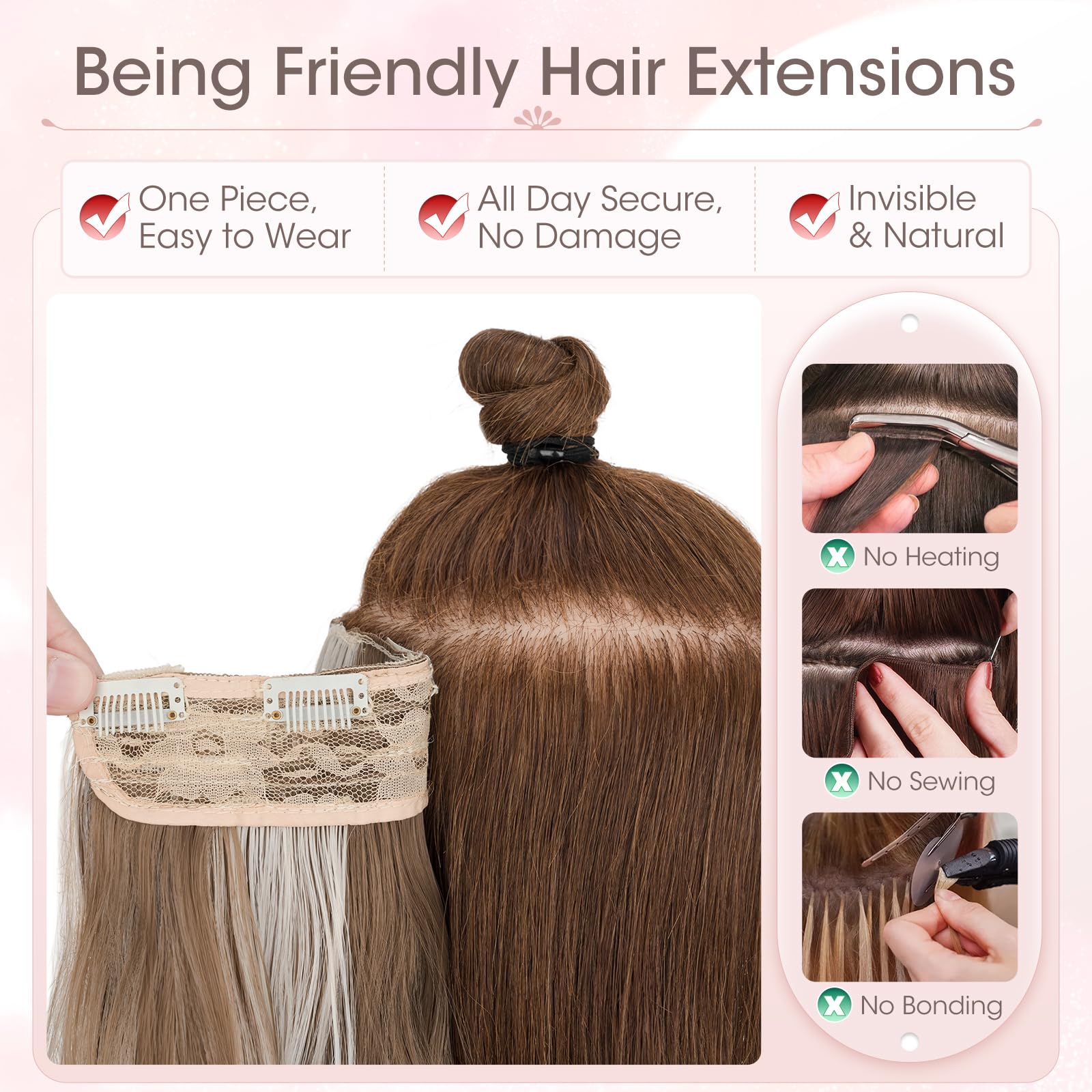 Silk-co One Piece Clip In Hair Extensions Curly 150g Hair Extensions Clip in Hairpieces 5 Clips Wavy Curly Synthetic 3/4 Half Full Head for Laides and Women 20Inch-50cm Medium Brown mix White Blonde - Image 2