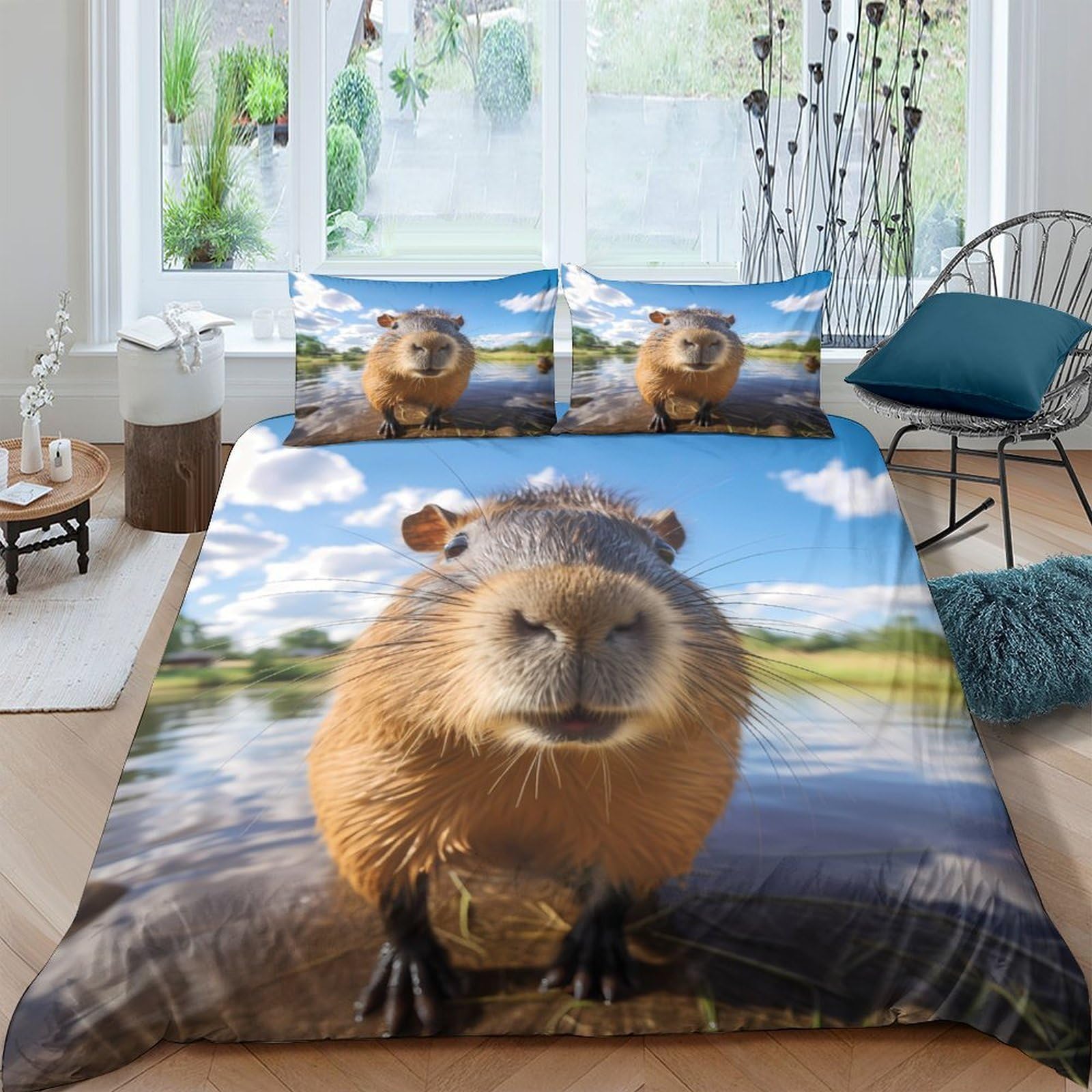 GPLZQXKJNH 3D Printed Capybara Lake View Duvet Cover Microfiber Soft Breathable Animal Bedding Set with 2 Pillowcases for Bedroom Decor Single（135x200cm）