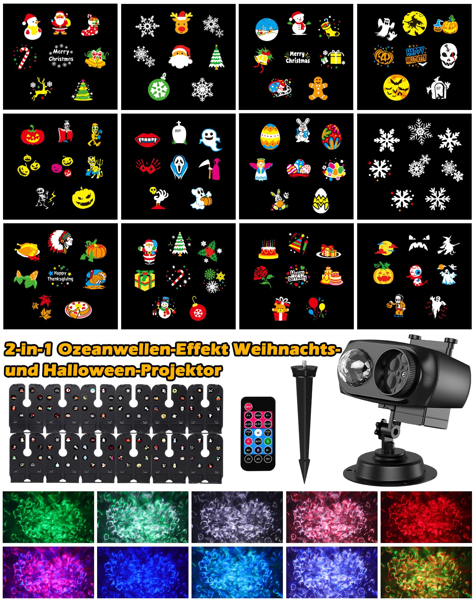 Projektor Weihnachten, LED Projektor Weihnachten Aussen Halloween Schneeflocken Projektionslampe Wasserwellen-Welleneffekt 12 Muster mit Fernbedienung für Weihnachte Halloween Party Deko