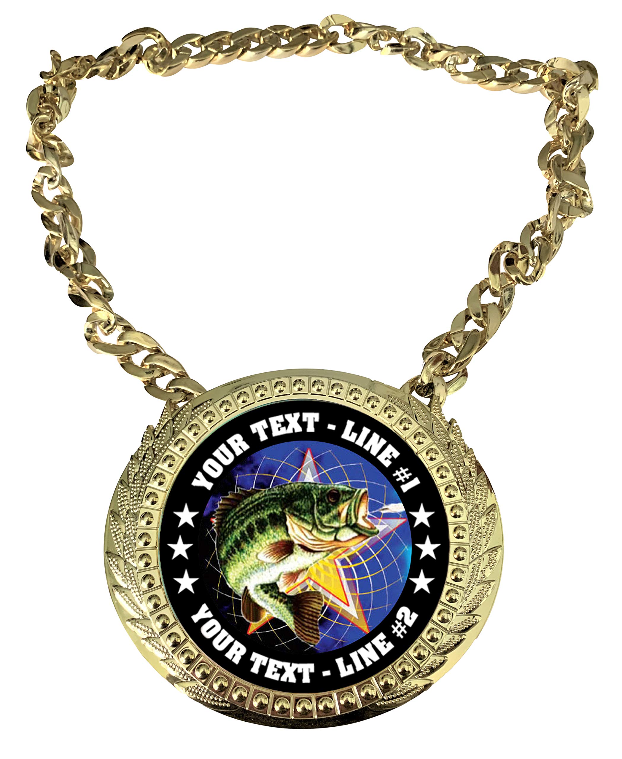 Express Medals Custom Bass Fishing Champ Chain Trophy with 2 Lines of Personalized Text on a Large Rigid Plastic Award Medal and 34 Inch Long Gold Color Neck Chain. FCL470