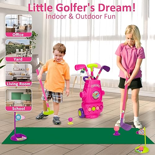 Miniatura 5 de AugToy Juego de golf para niños pequeños, palos de golf mejorados con 4 pelotas, 2 agujeros de práctica y 1 tapete de putt, juguetes deportivos para