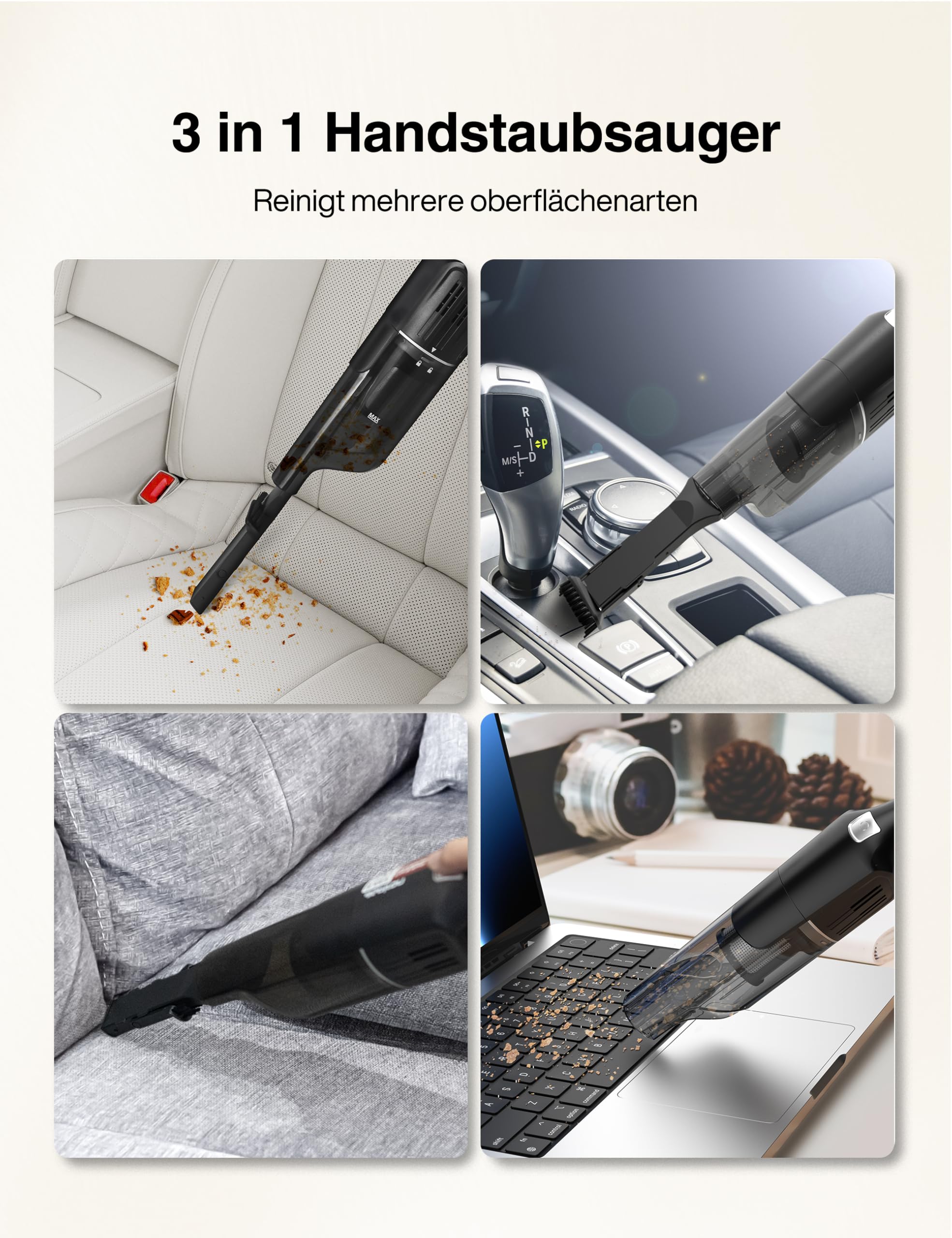 Aspiron Handstaubsauger Akku, 18000Pa & Schnellladestation, Starke Absaugung, HEPA-Filter, Akkusauger Klein für Autos, Zuhause, Schwarz