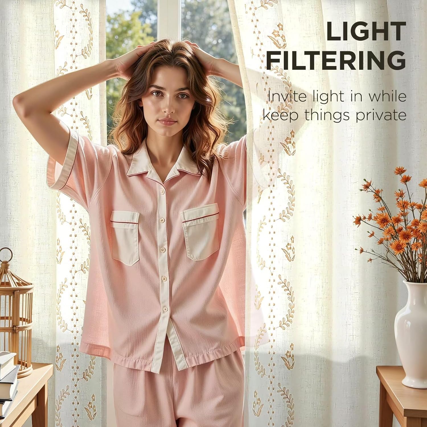 Joydeco Gold Embroidered Curtains 90 Inch Long 2 Panel Set, Vintage Floral Linen Drapes for Living Room Bedroom, Light Filtering Cottage Curtain with Back Tab Rod Pocket 90" L x 50" W