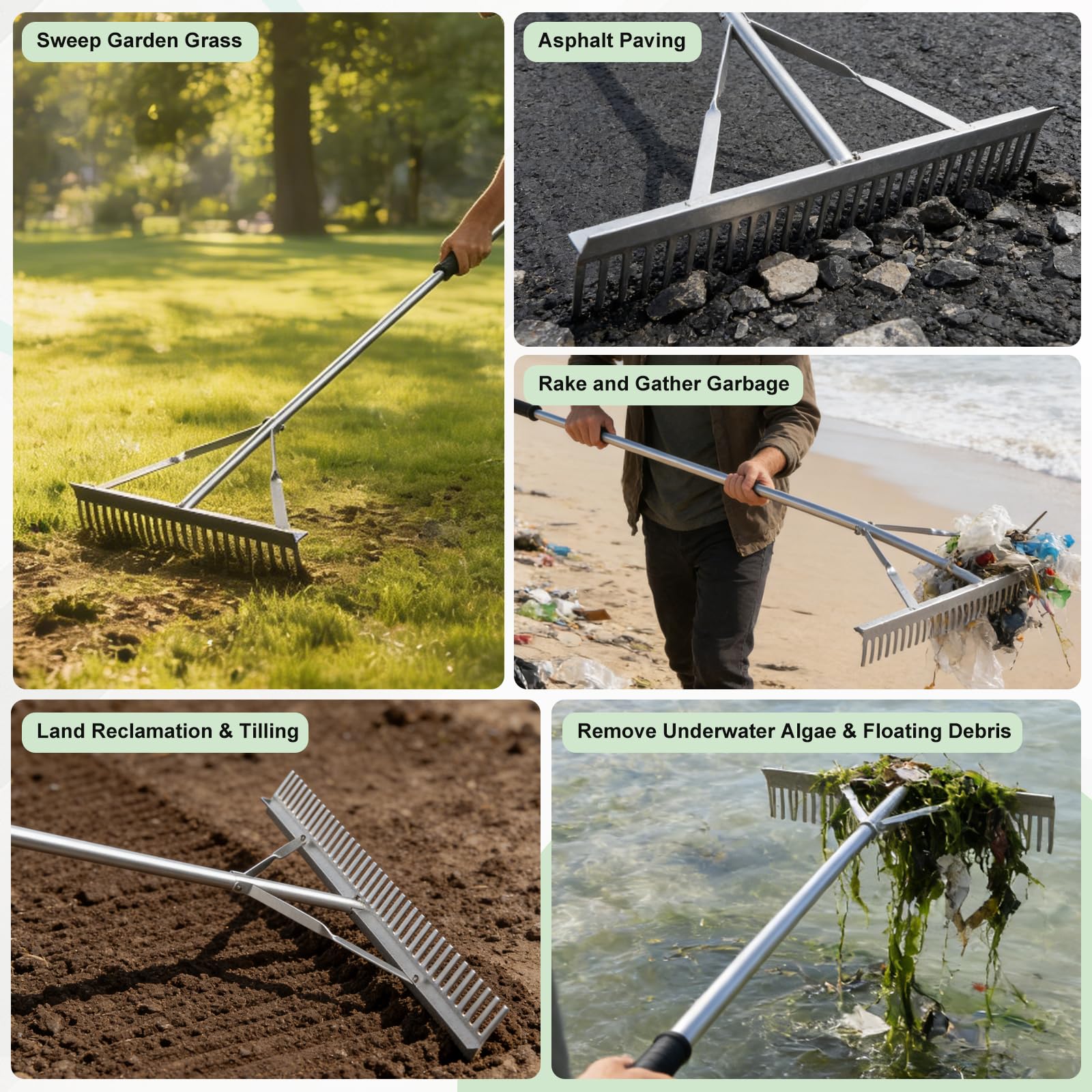 EFUTURETIME 61cm Rechen, Harke Garten mit 170cm Stiel, Gartenrechen Leicht aus Aluminium, Rasenrechen Landschaftsrechen Planierrechen, Gartenzubehör zum Lockern Boden und Nivellieren Rasen