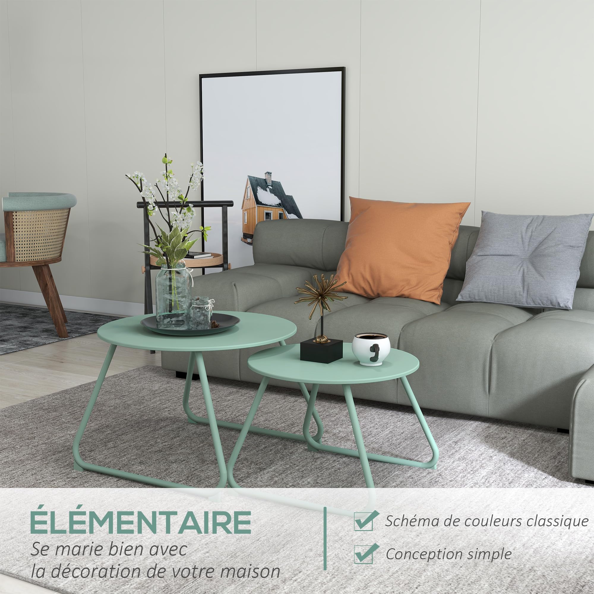 Outsunny Lot de 2 Tables Basses Rondes gigognes empilables de Jardin métal époxy, Table d'Appoint Stable pour extérieur Ø60 et Ø48 cm, Vert