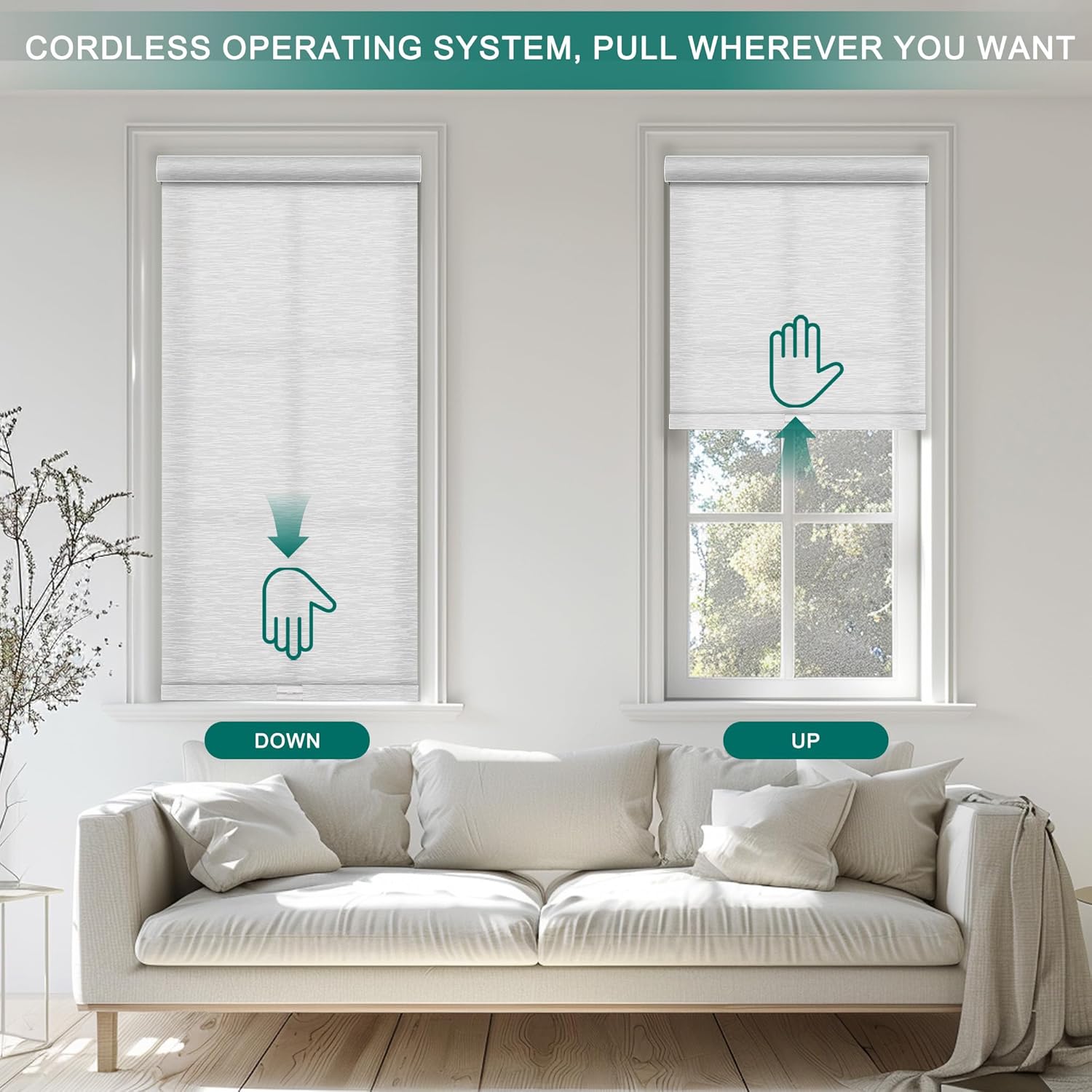 Light Filtering Roller Blinds & Shades Cordless Blinds for Windows with Jacquard Fabric, UV Protection Thermal Insulated Door Blinds, Easy to Install Window Blinds,(White,34" W x 64" H)