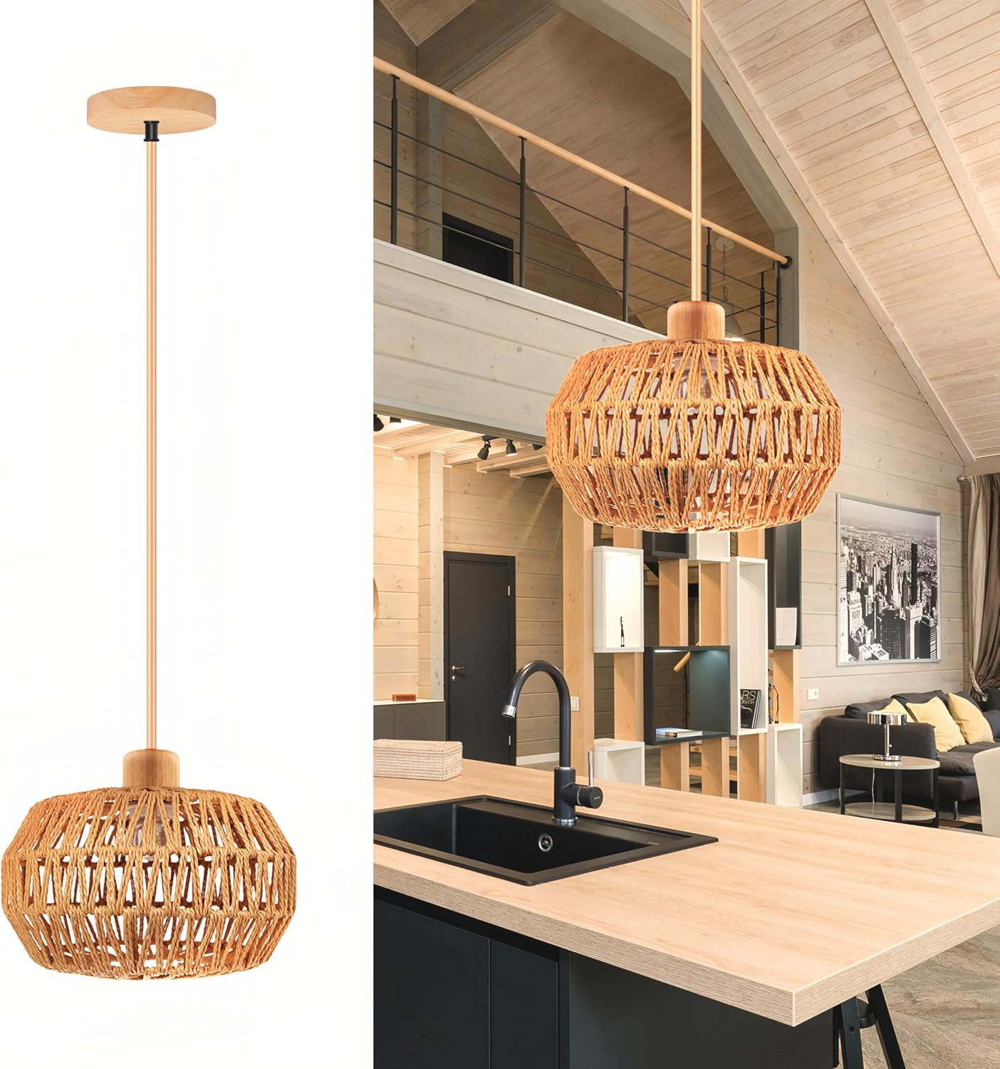 Bohemian Pendant Light 12.6in Rattan Pendant Light | Handcrafted, Height Adjustable Design Perfect for Living Room, Kitchen, Farmhouse, Hallway, Dining Room & Bedroom
