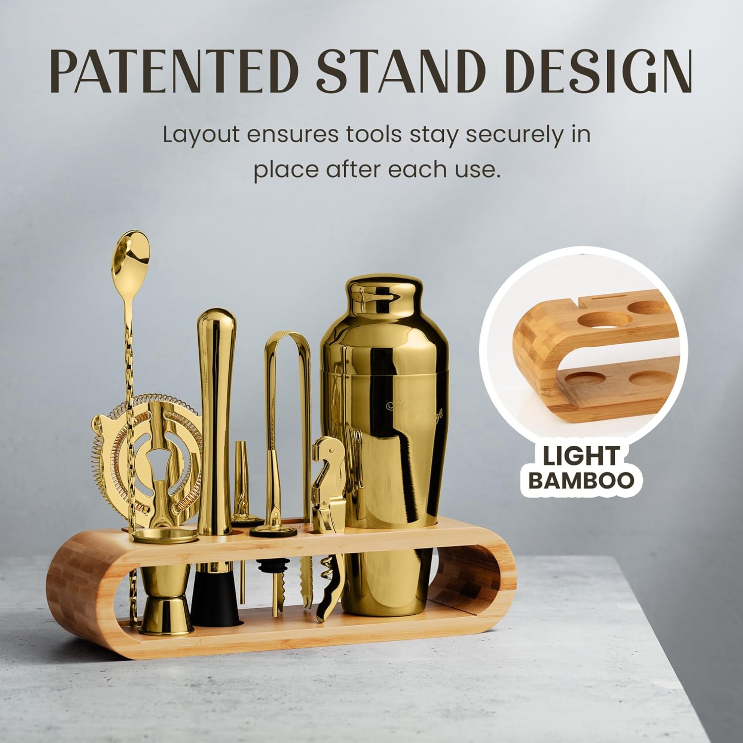 Mixology & Craft Cocktail Shaker Set with Bamboo Stand - Professional 18oz 10-Piece Bartender Kit, Complete Bar Set for Home Use with Jigger, Muddler, Strainer, Spoon, Pourers & Corkscrew (Gold)