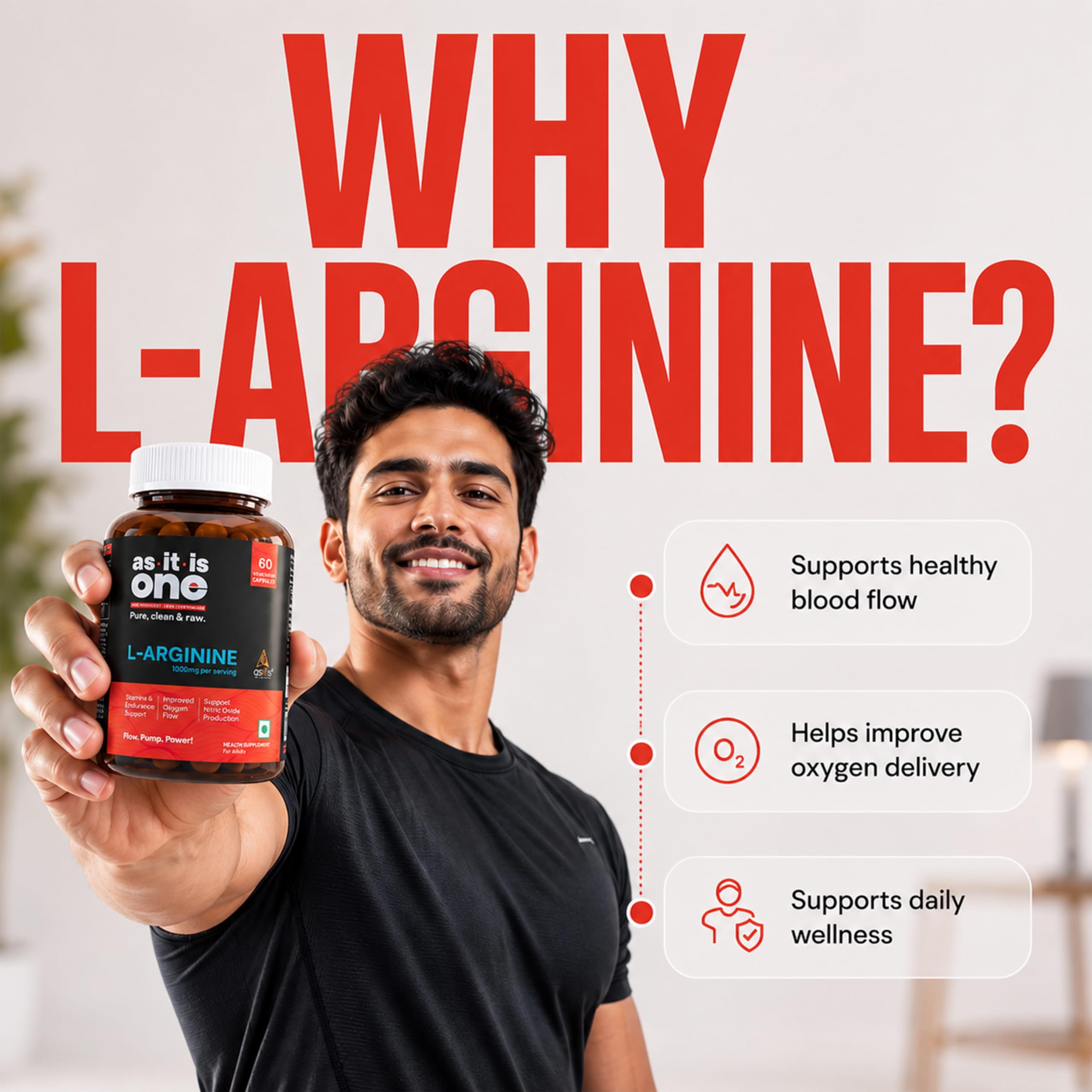 AS-IT-IS One L-Arginine 1000mg, 60 Veg Capsules: Stamina & Endurance Support, Boosts Nitric Oxide Production, Improved Oxygen Flow – Supplement for Adults of All Ages 2