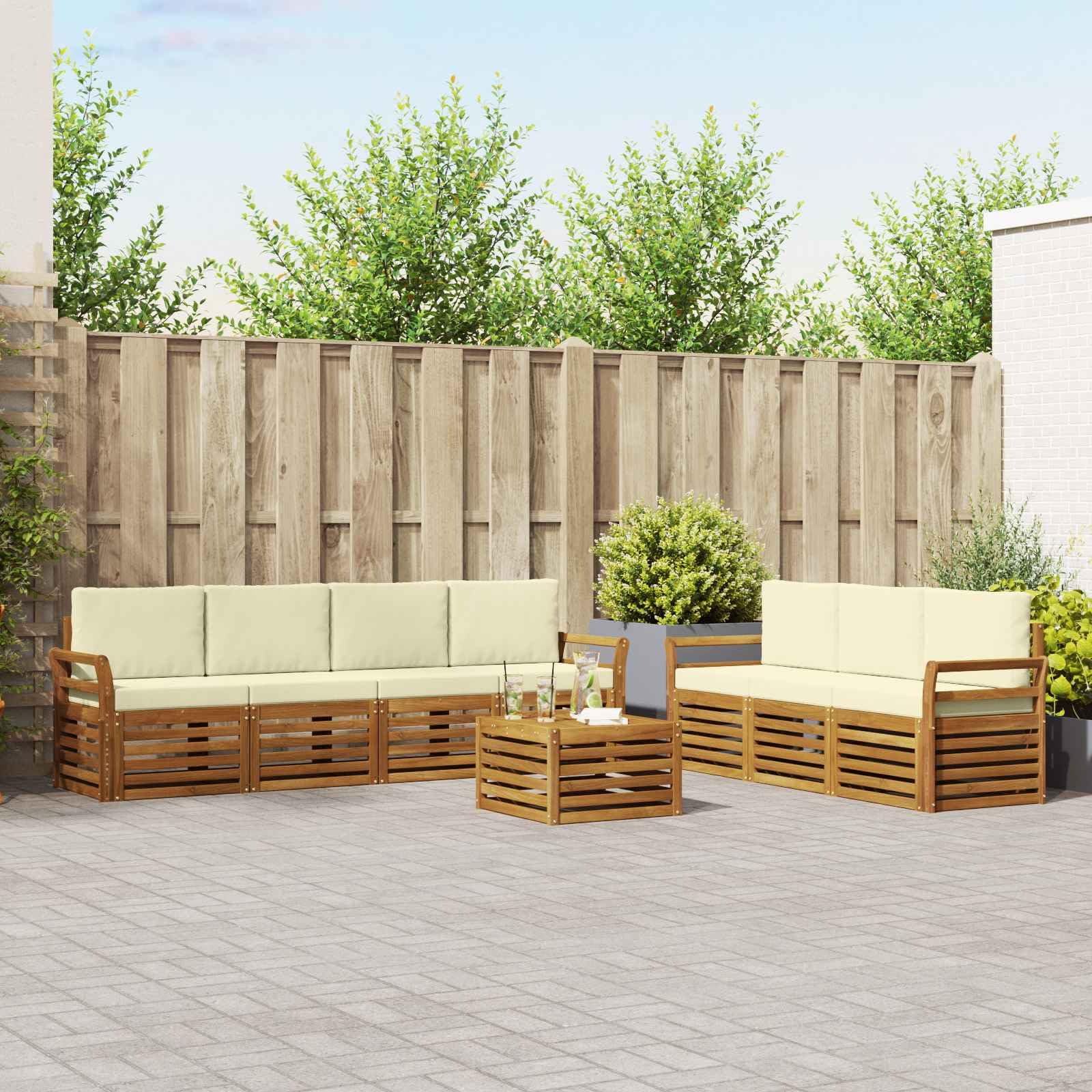 Möbelgarnitur 8-teilig aus massivem Akazienholz für Garten und Terrasse wetterfestes Essgruppen-Set mit Tisch, Sofas, Stühlen und Sitzkissen für stilvolle Outdoor-Einrichtung