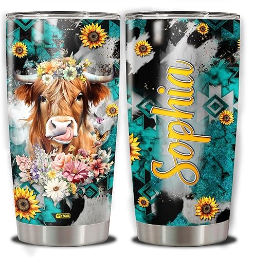 Vaso de vaca personalizado con tapa, cuero de vaca occidental, 20 onzas, 30 onzas, taza de viaje con nombre personalizado, taza térmica, regalo de
