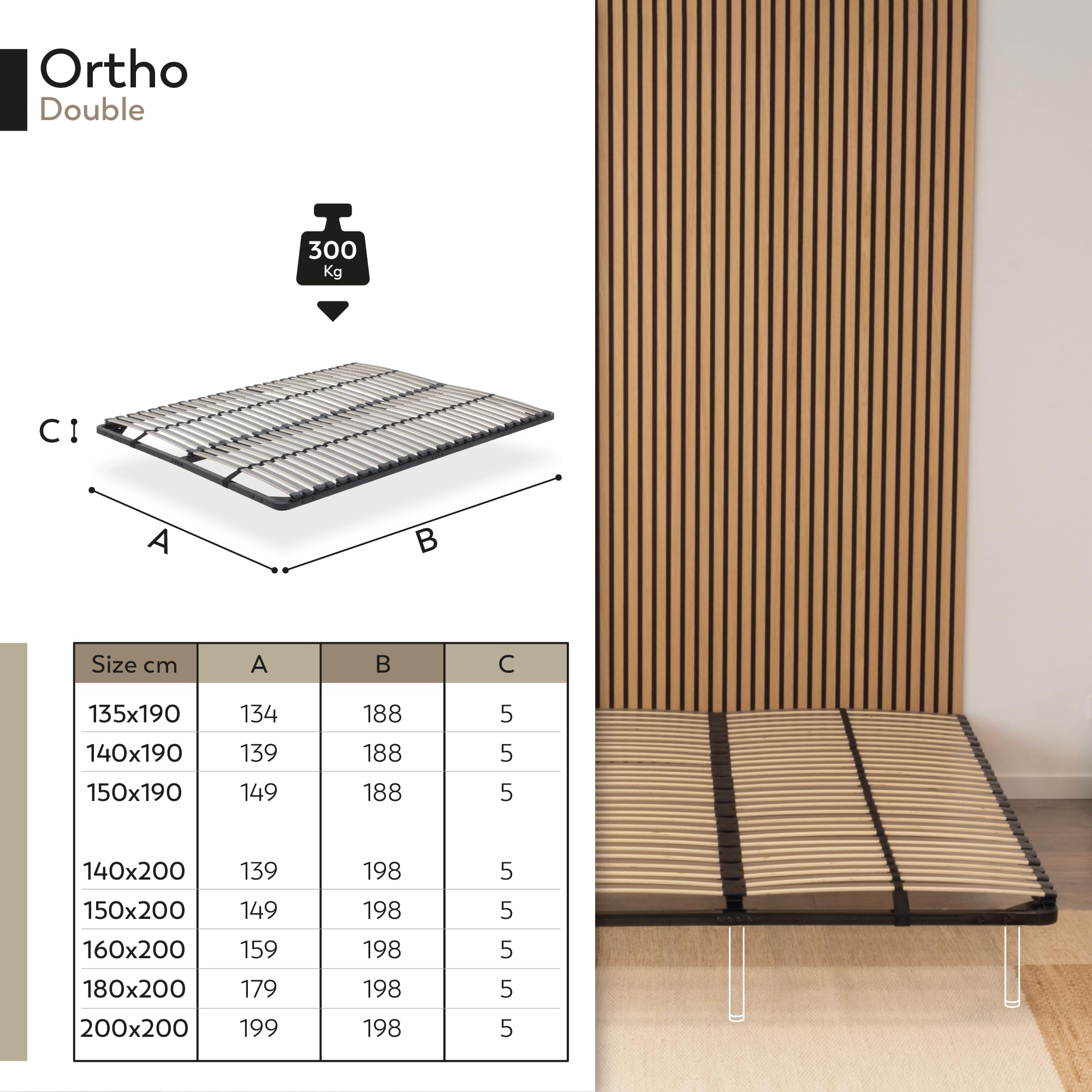 i-flair® Ortho Lattenrost 160x200cm Lattenrahmen mit 56 Federholzleisten und Mittelgurte, Stabiler Stahlrahmen für alle Matratzen geeignet