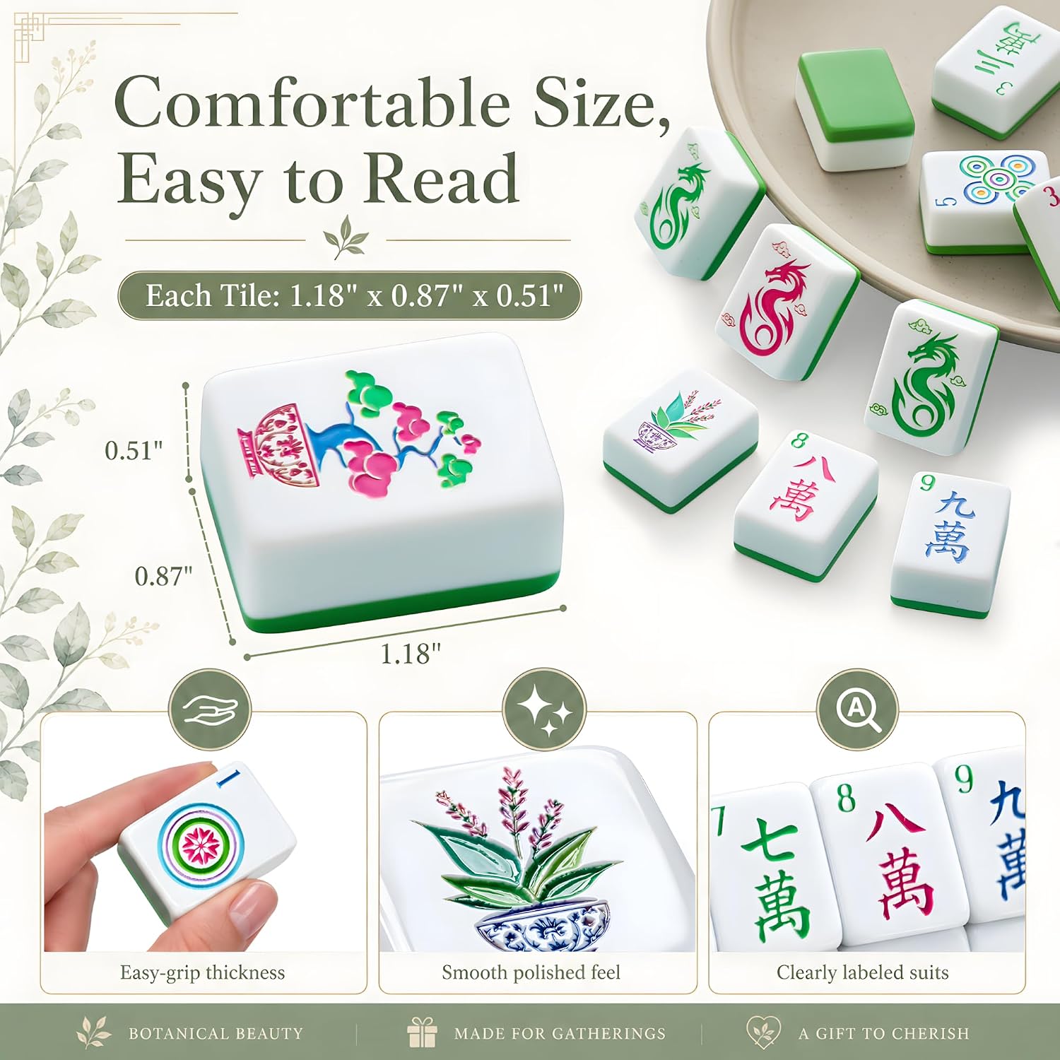 Houseplant American Mahjong Set, tile size and details