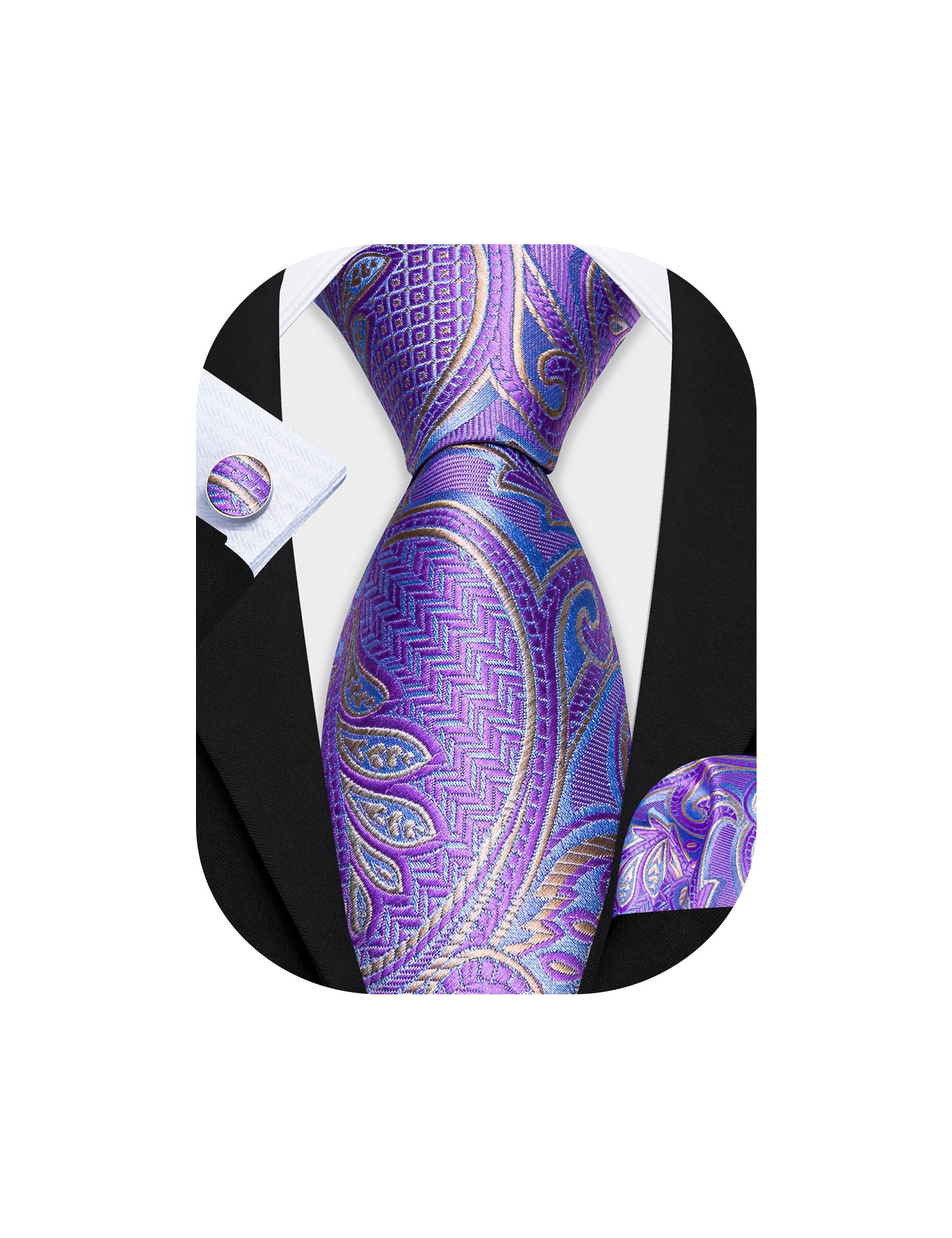 Conjunto de corbata floral de cachemira para hombre, corbata de seda con bolsillo, gemelos cuadrados formales, bodas, fiestas, negocios, 02 morado claro, Talla única