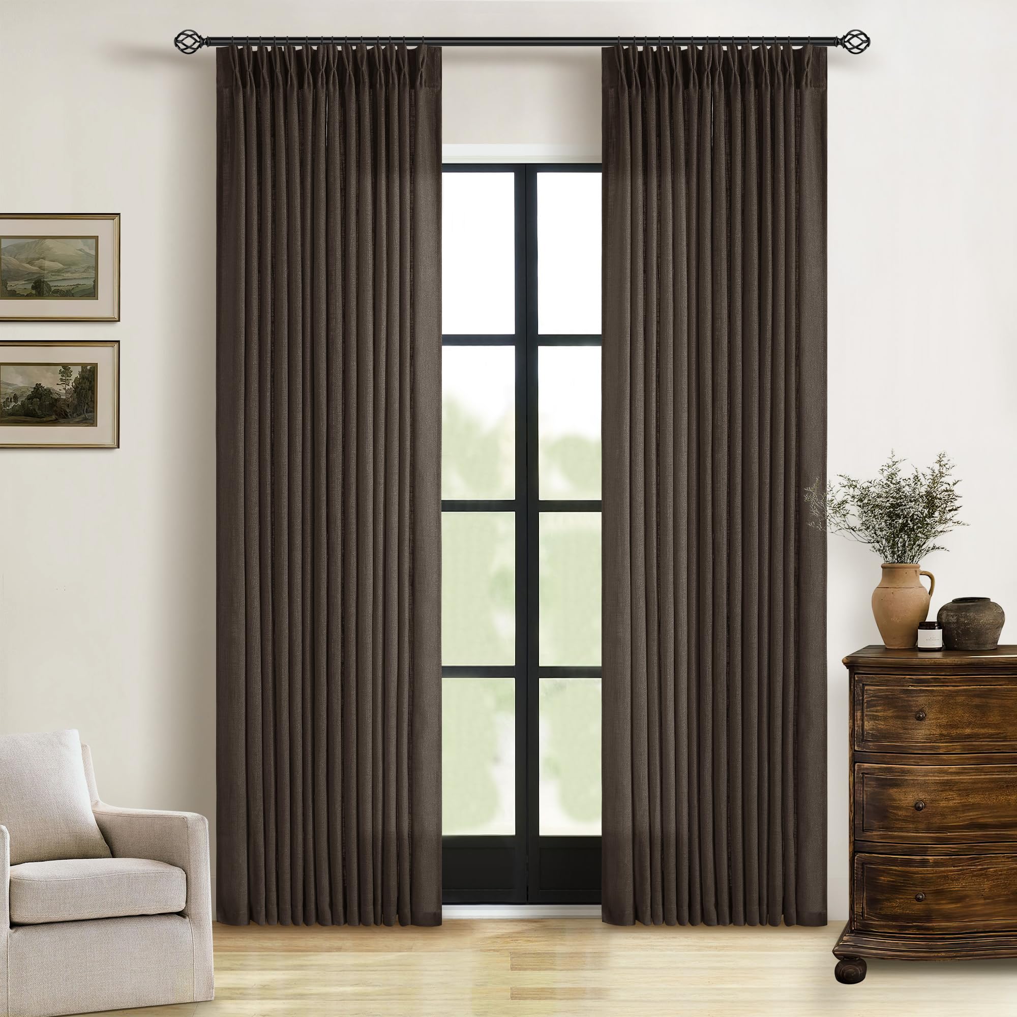 Dark Chocolate 80 Inch Pinch Pleated Semi Sheer Linen Curtains 2 Panels