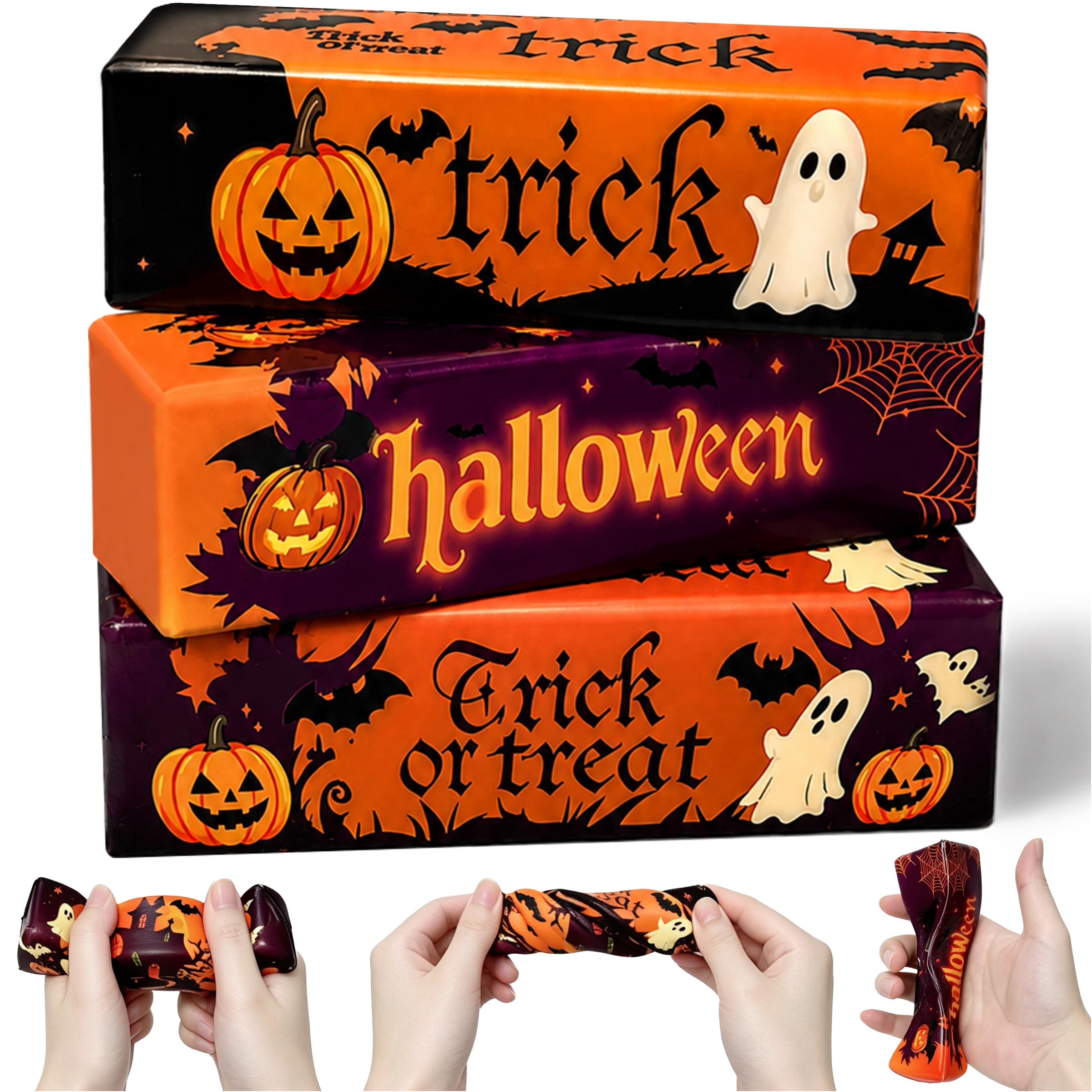 DONGTATA 3PCS Halloween Butter Fidget Toys Soft Sensory Toys Pumpkin Ghost Trick or Treat Design for Kids Teens Adults Stress Relief Desk Decor Party Bag Fillers Gifts