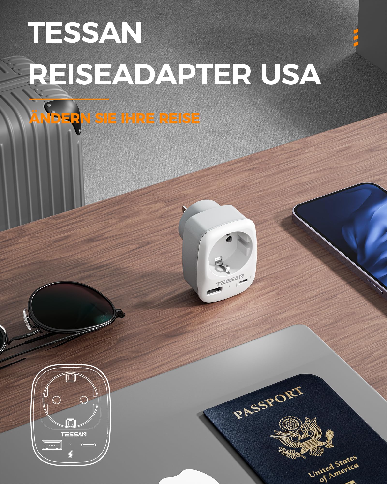 TESSAN 2er Pack USA Adapter Steckdose, 3 in 1 Reiseadapter Kanada mit USB C und USB A, Adapter USA Deutschland Stecker 1250W, Steckdosenadapter Mexiko für Kanada, Stromadapter Thailand Philippinen