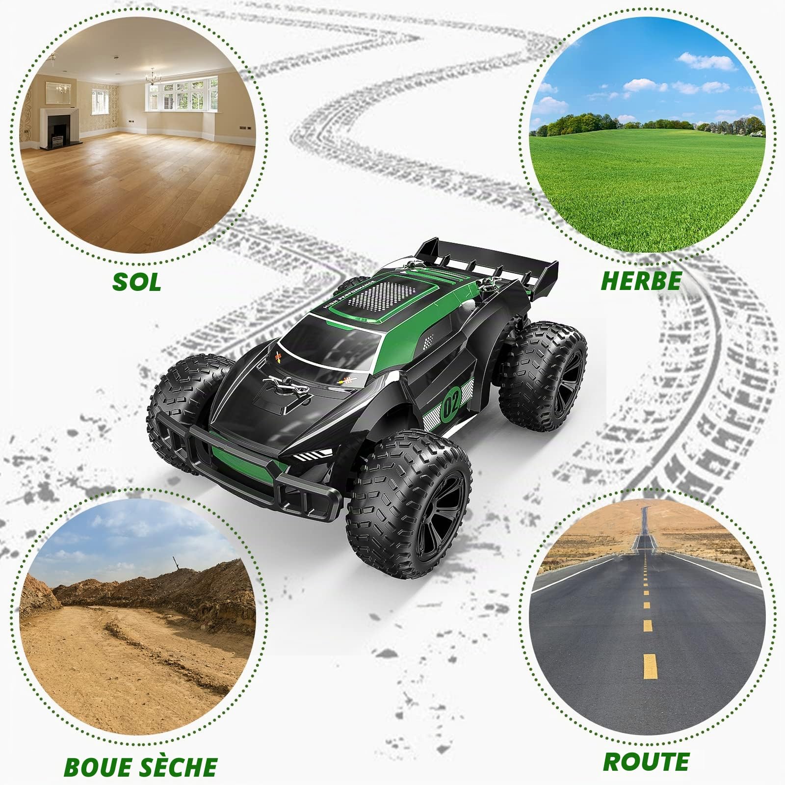 Kizeefun Voiture Telecommandé Tout Terrain, Jouets Voiture de Course RC Camion Crawler avec 2 Piles RC Haute Vitesse, Cadeaux d'anniversaire de Cadeau Enfant Anniversaire Filles et Garçons