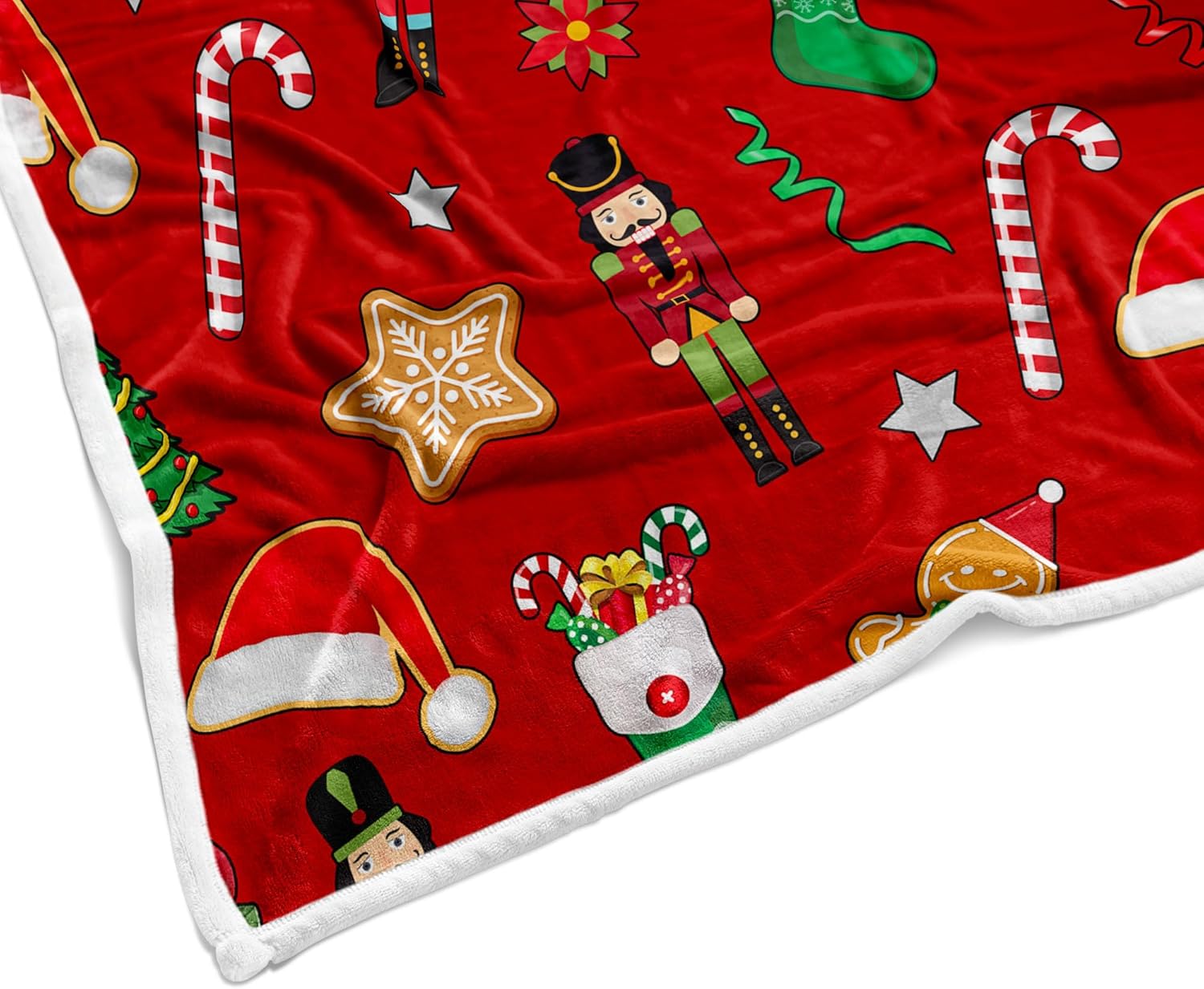 Red Christmas Throw Blanket for Couch, Colorful Warm Xmas Fleece Blankets with Gingerbread Man Pattern, Cozy Cookies Bells Snowflake Candy Cane Berry Holiday Christmas Hat Flannel Blanket for Winter
