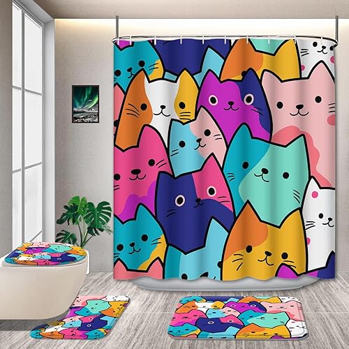 Juego de 4 alfombras de baño y cortina de ducha para niños, bonito diseño de gato, 72 x 72 pulgadas con 12 ganchos, tapete de baño antideslizante y