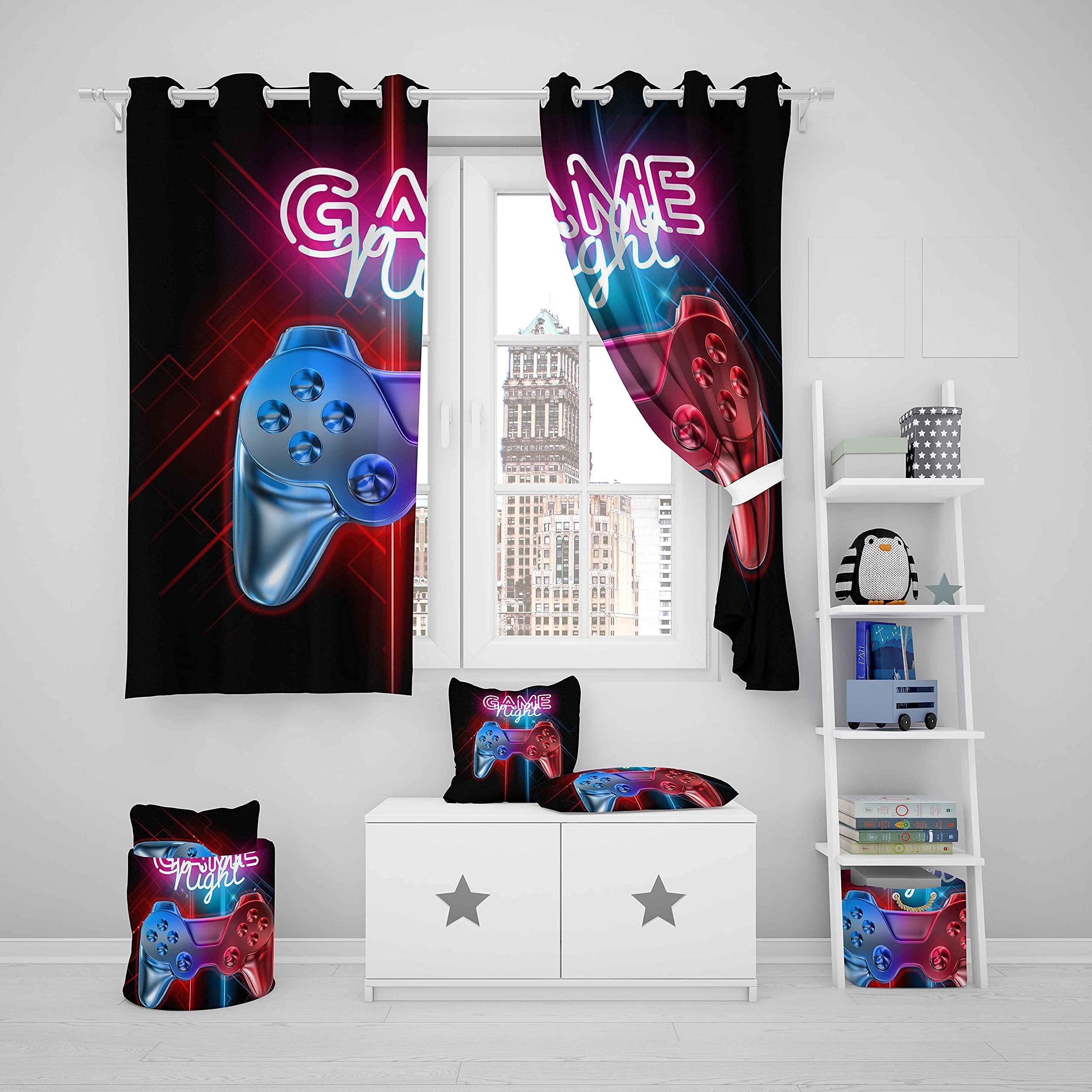 Loussiesd Boys Gamepad Curtains Gamer Window Drapes for Teens Kids Men Black Modern Video Game Controller Window Treatments Cool Blue Red Action Buttons Window Curtain Room Decor W66*L90 - Image 3