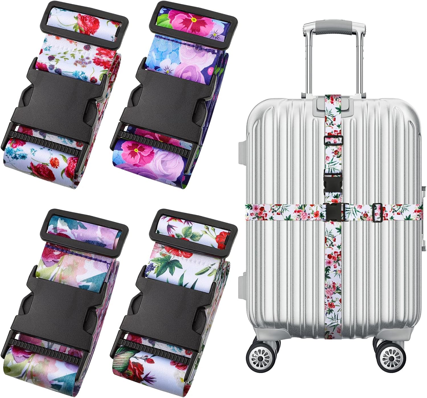 4 Piece Floral Luggage Straps Adjustable Suitcase Belts Security