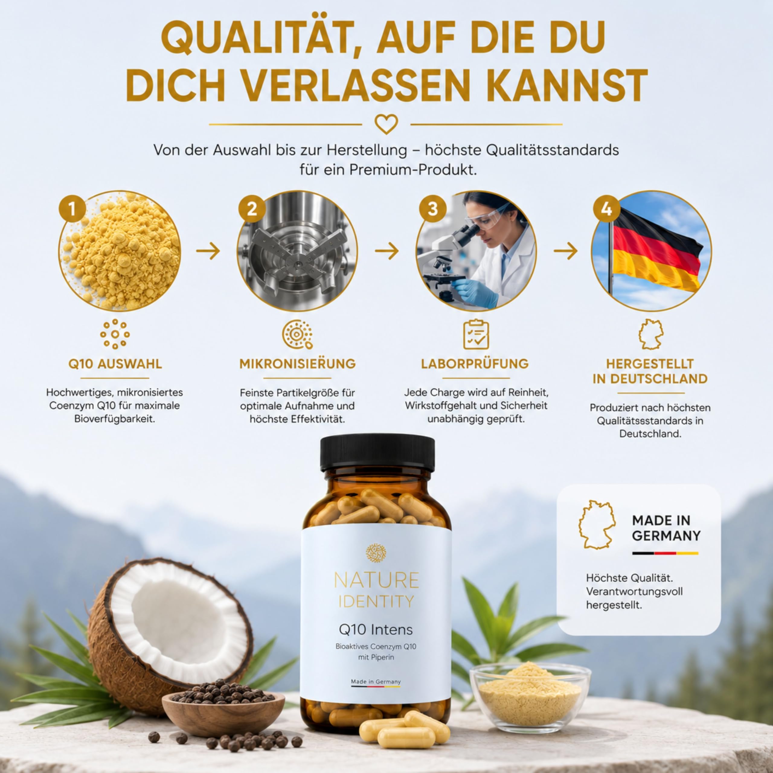 Coenzym Q10-180 Kapseln - hochdosierte 250mg pro Kapsel - Reines Premium Q10 aus pflanzlicher Quelle kombiniert mit MCT-Öl & Piperin - Made in Germany | Reines Premium Q10, Pflanzliche Quelle, Mit MCT-Öl & Piperin, Made in Germany