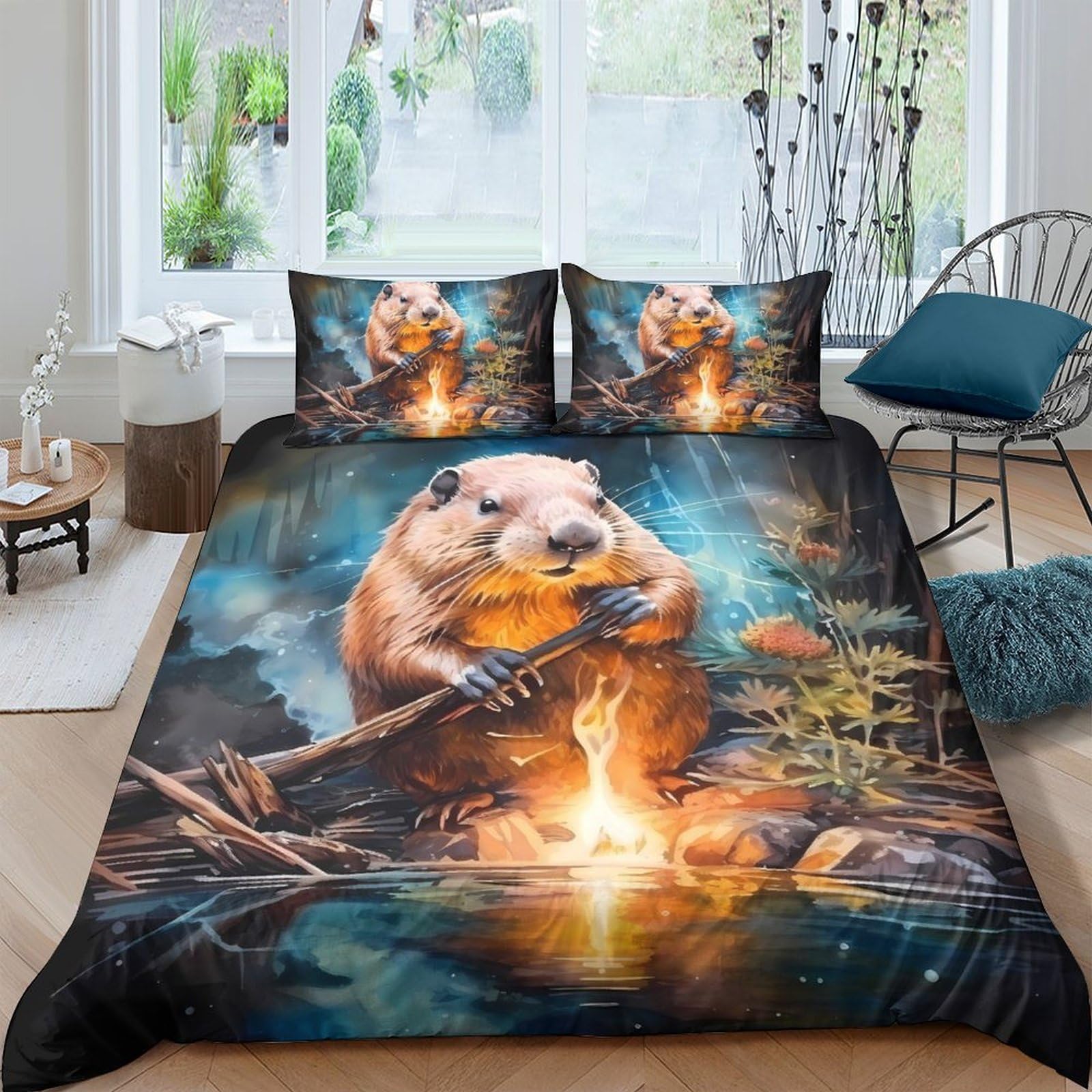 P5V6M1Q9 3D Printed Beaver Campfire Duvet Cover Microfiber Soft Breathable Forest Lake Bedding Set with 2 Pillowcases for Bedroom Décor, Single（135x200cm）