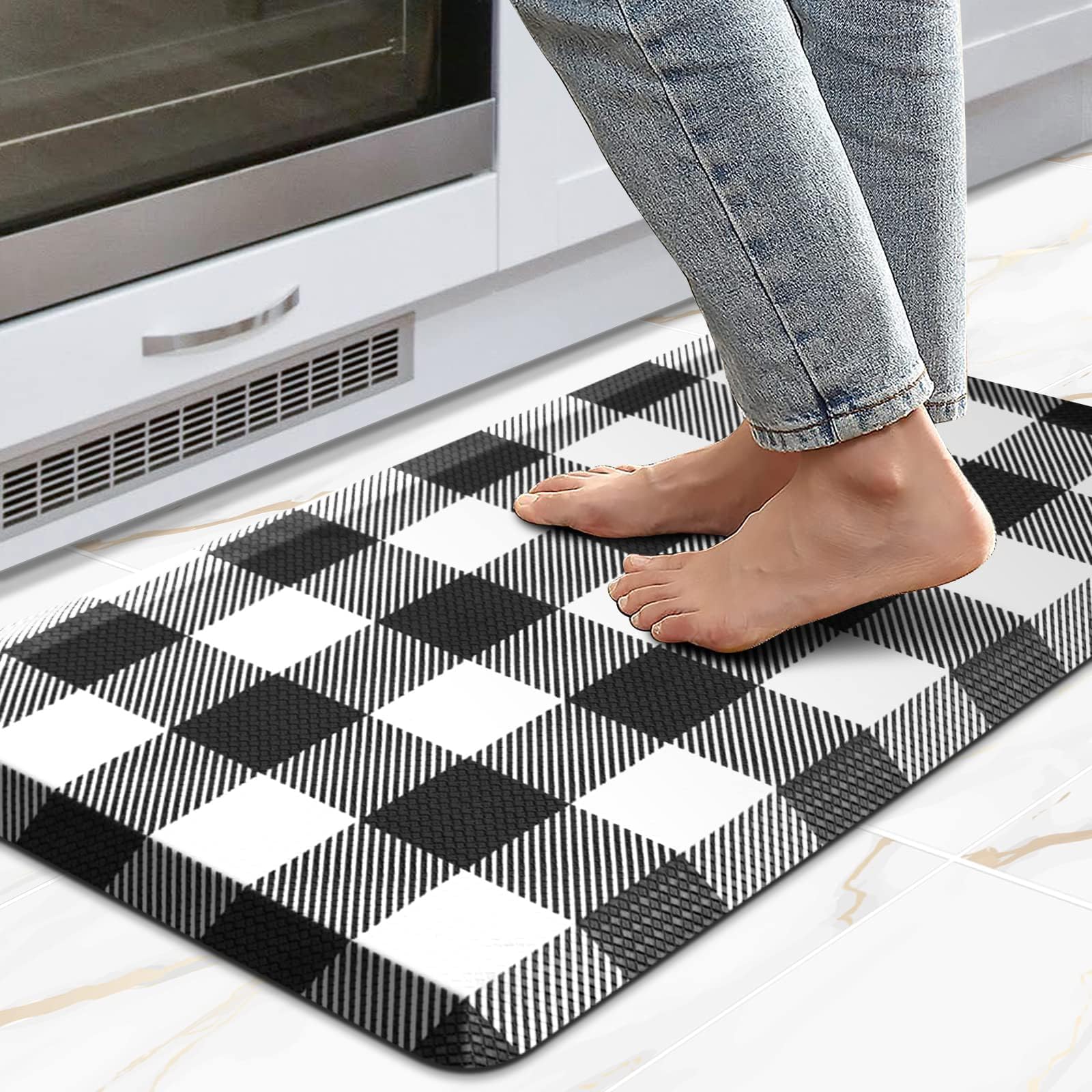MAYHMYO Tapete de cocina antifatiga, acolchado, a cuadros en blanco y negro, tapete de cocina antideslizante e impermeable, ergonómico, cómodo, tapete de escritorio para suelo, hogar, oficina,