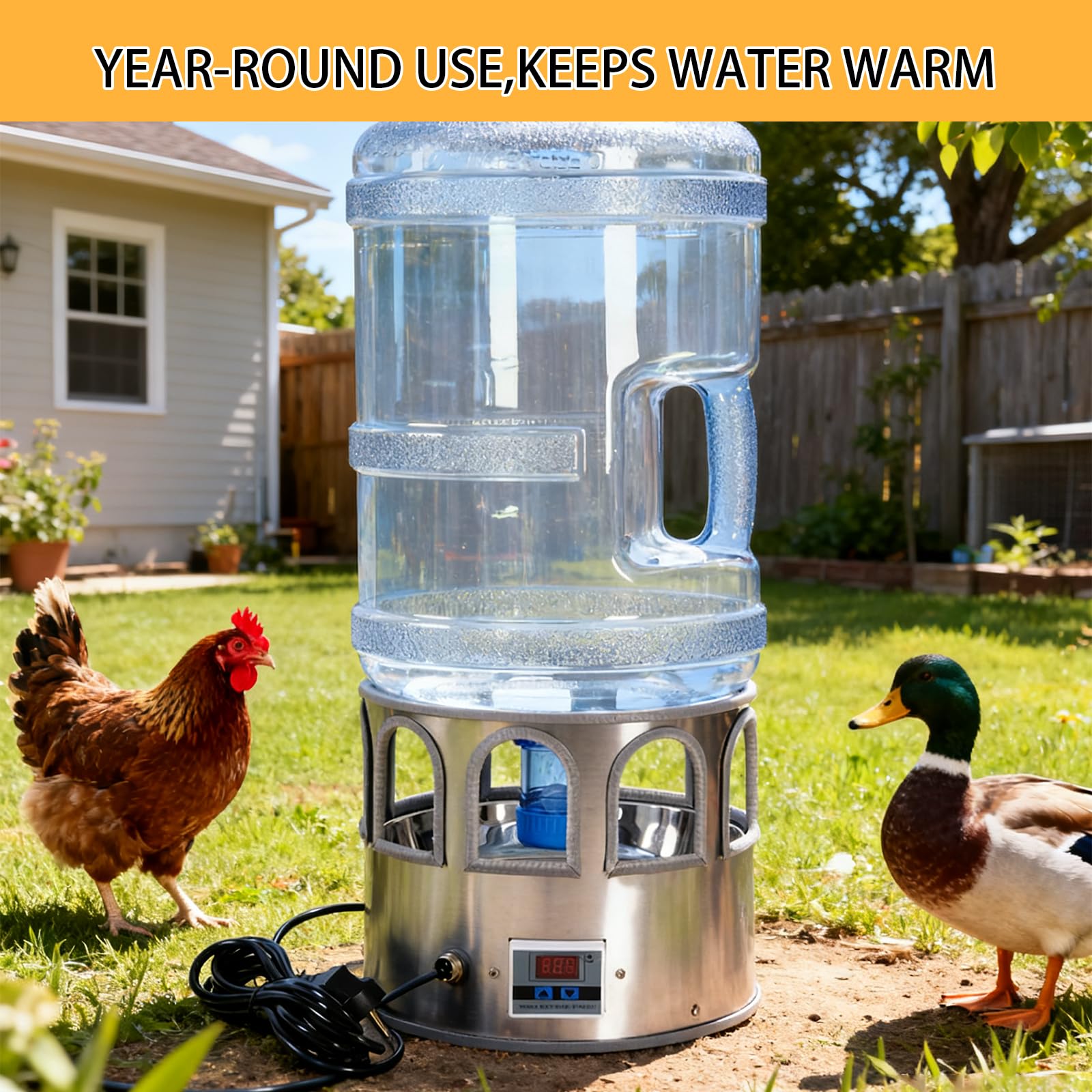 Agua de pollo con calefacción, dispensador de agua de 5 galones con calentador, termostato ajustable, diseño a prueba de congelación para pollos, patos, palomas y gansos