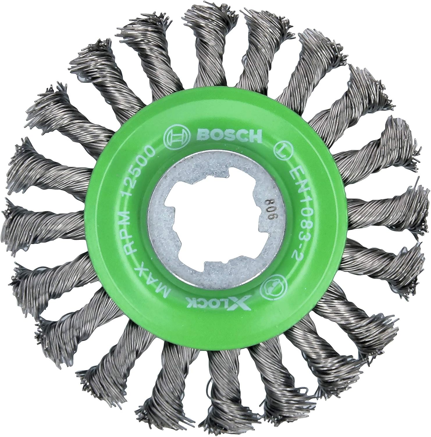 BOSCH WBX429 4-1/2 In. X-LOCK Arbor Stainless Steel Full Cable Knotted Wire Wheel For Applications in Difficult Brushing in Tight Places for Cleaning Welds