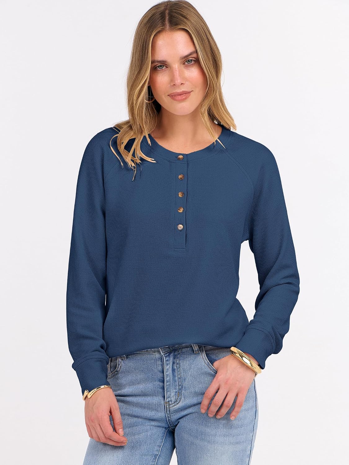 ANRABESS Women's Waffle Knit Henley Top Long Sleeve Shirts image 4