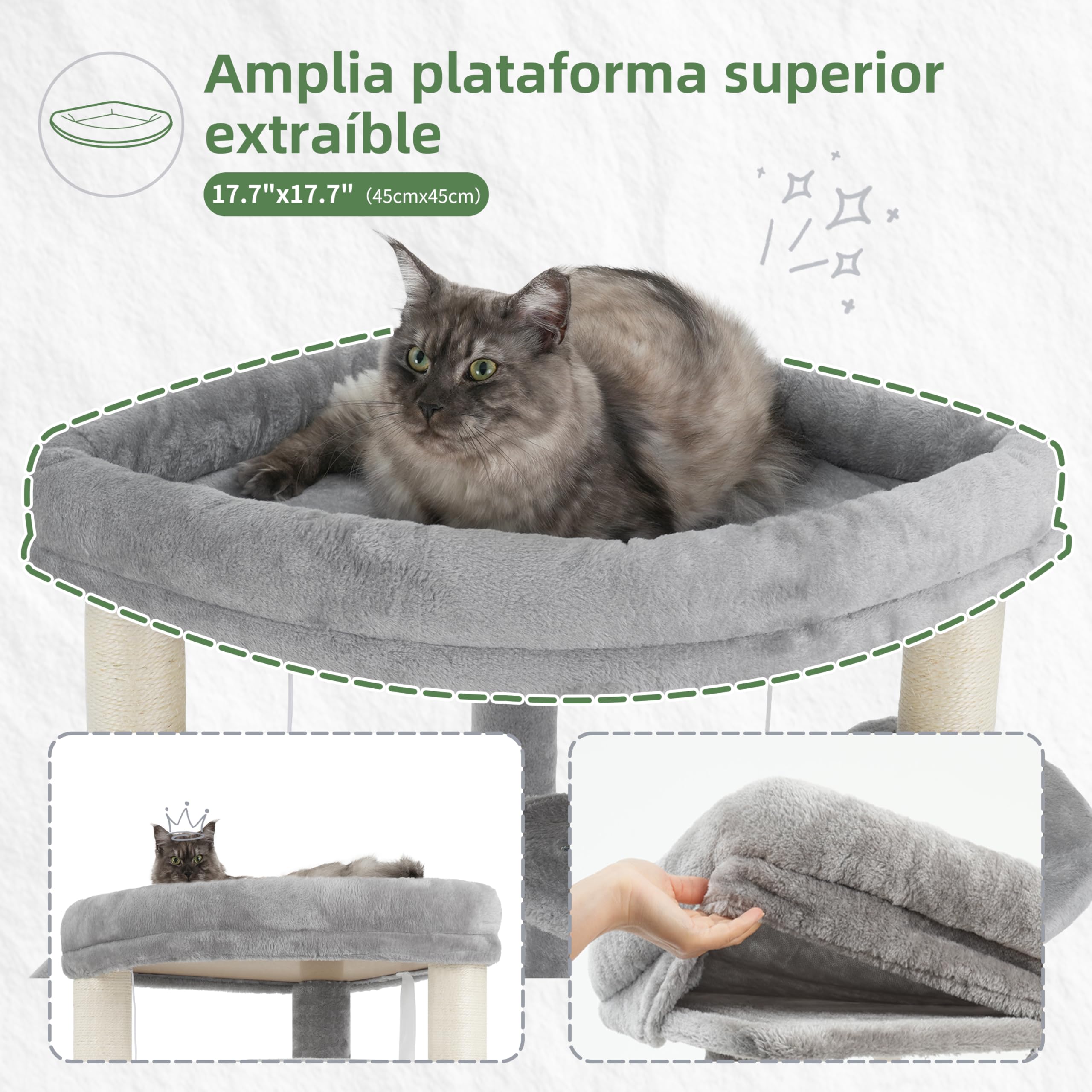 Gitelsnour Rascador para Gatos de rincón Interior, árbol para Gatos multinivel con Posts de rascado Sisal Natural, 2 Cuevas, Grandes Plataforma, 2 Canasta Colgante para Gatos, Gris Claro GCT035W