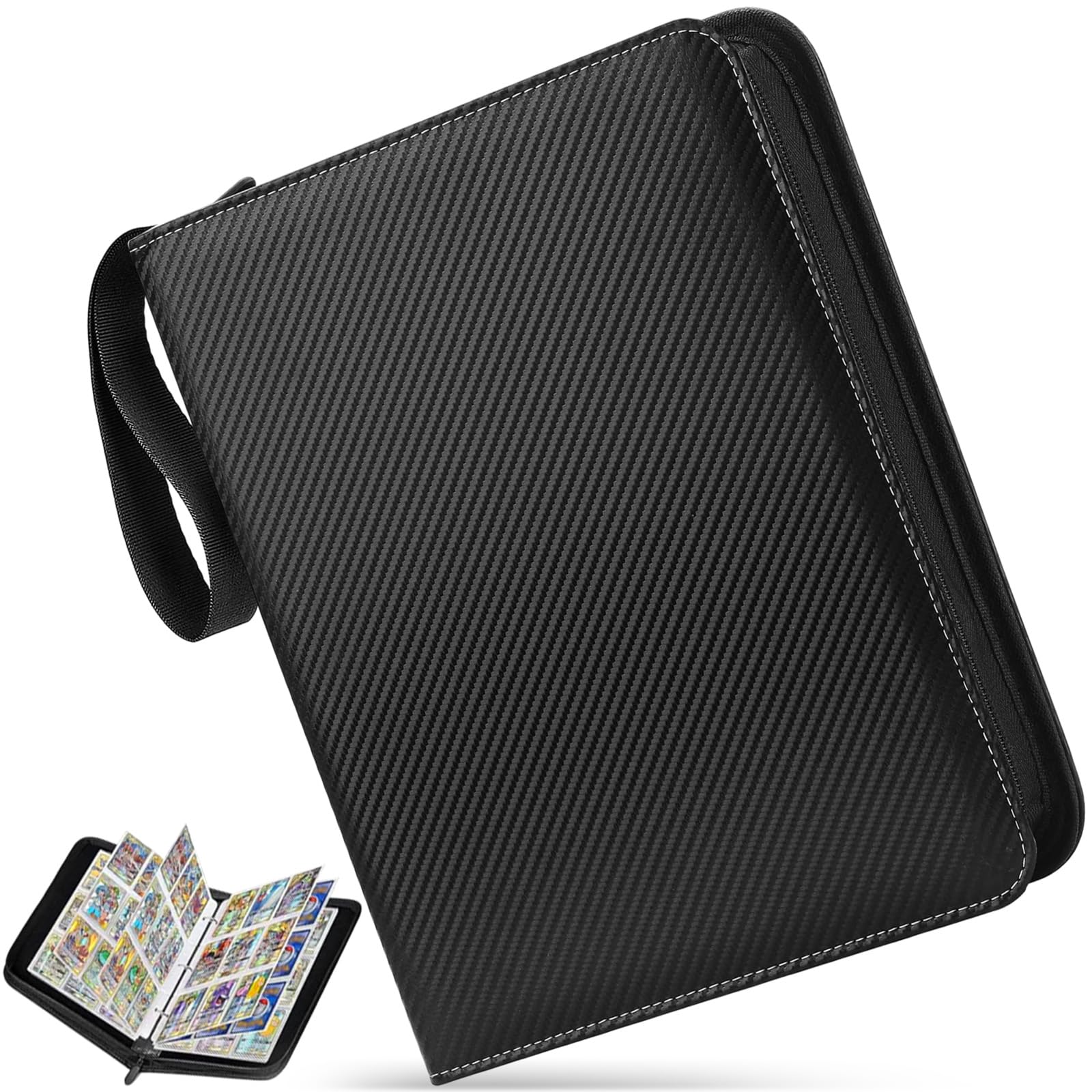 9 Pocket Trading Card Binder with 50 Removable Clear Card Sleeves, Waterproof PU Leather Zipper Football Cards Album, Carrying Collectibles Photocard Collection Folder for Kids Adult Collector (Black)