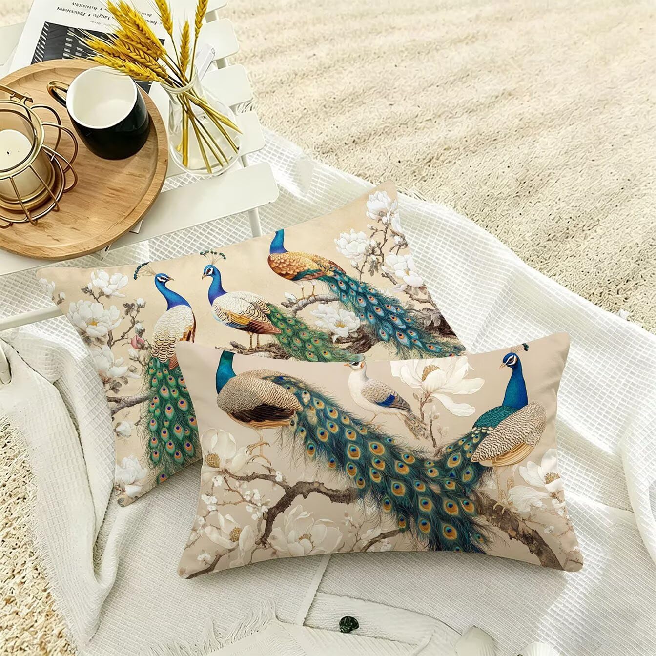 Cuscini per Divano 50x70 Set da 2 Colore tè Cuscini per Divano Esterno Giardino Copricuscini Copricuscino Letto Velluto Federe Cuscino Letto, per Soggiorno Sedie Balcone Campeggio Spiaggia, Paone x-82