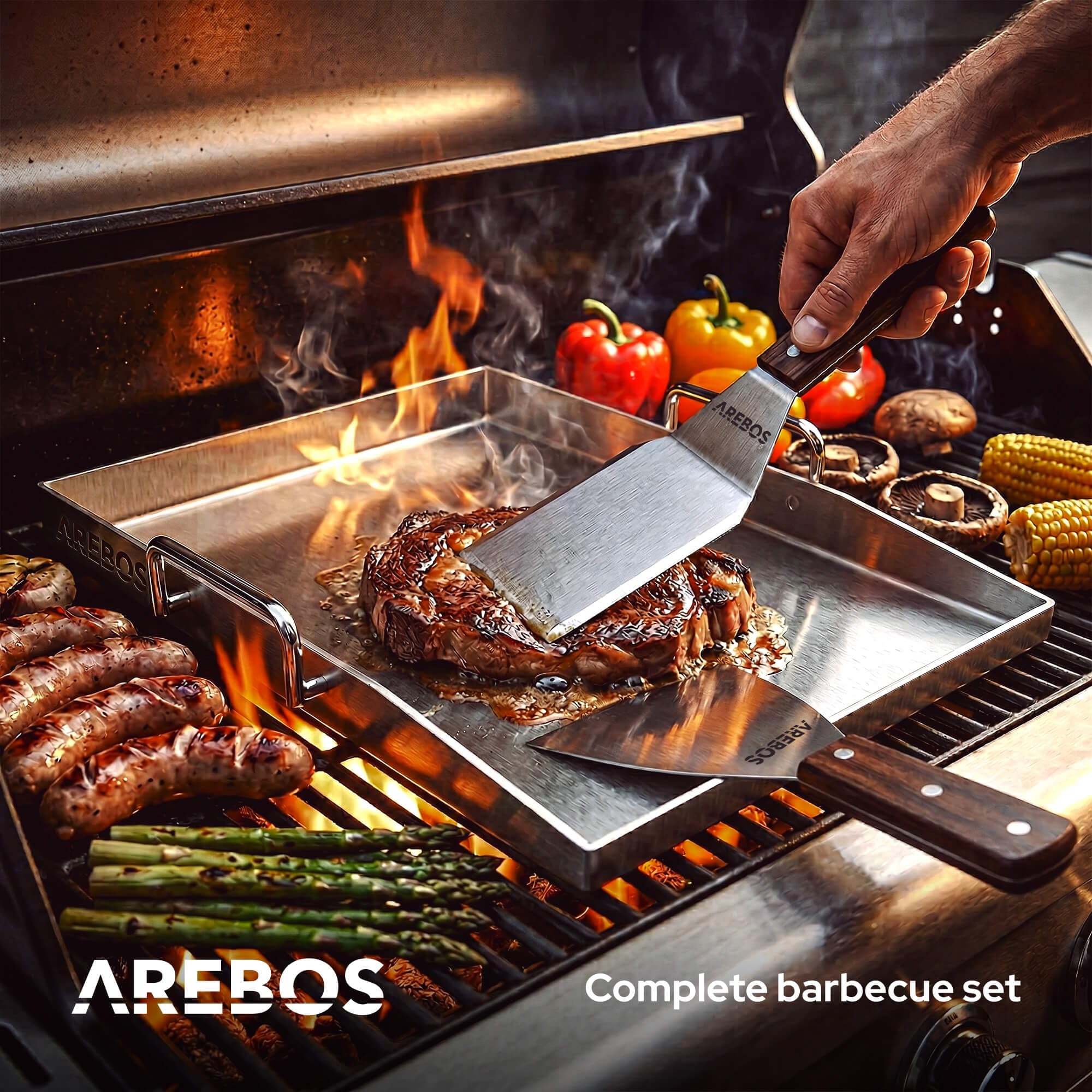Arebos Płyta Grillowa ze Stali Nierdzewnej 40x30 cm | Plancha do Grilla Gazowego i BBQ | Grubość 4 mm | Odporna do 800°C | Odpływ Tłuszczu | 2 Szpatułki i 5 Szaszłyków w Zestawie