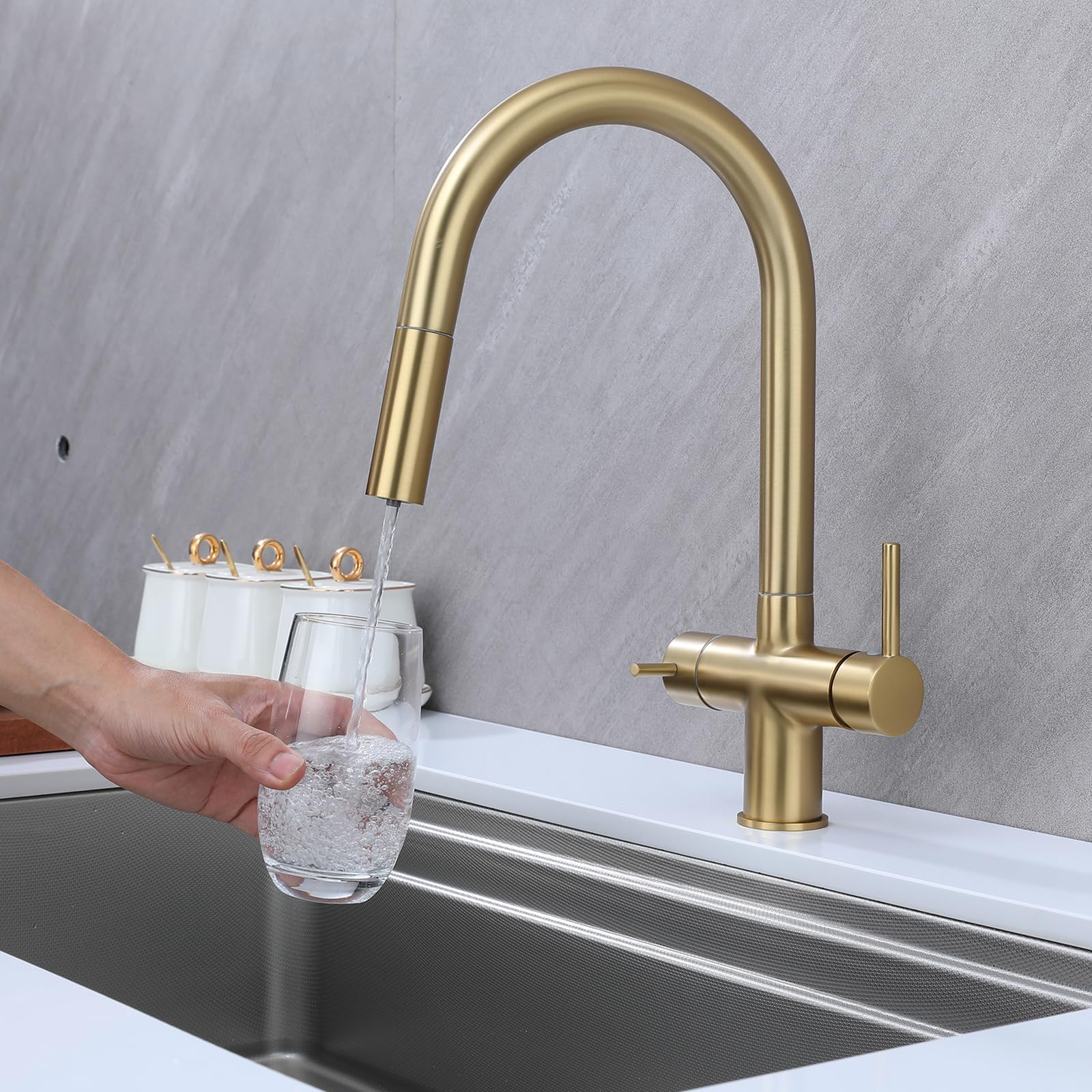 Grifo Cocina Tres Vias Extraible Oro Cepillado Giratorio a 360° Latón Grifo Fregadero 3 Vias Osmosis-Oro Cepillado