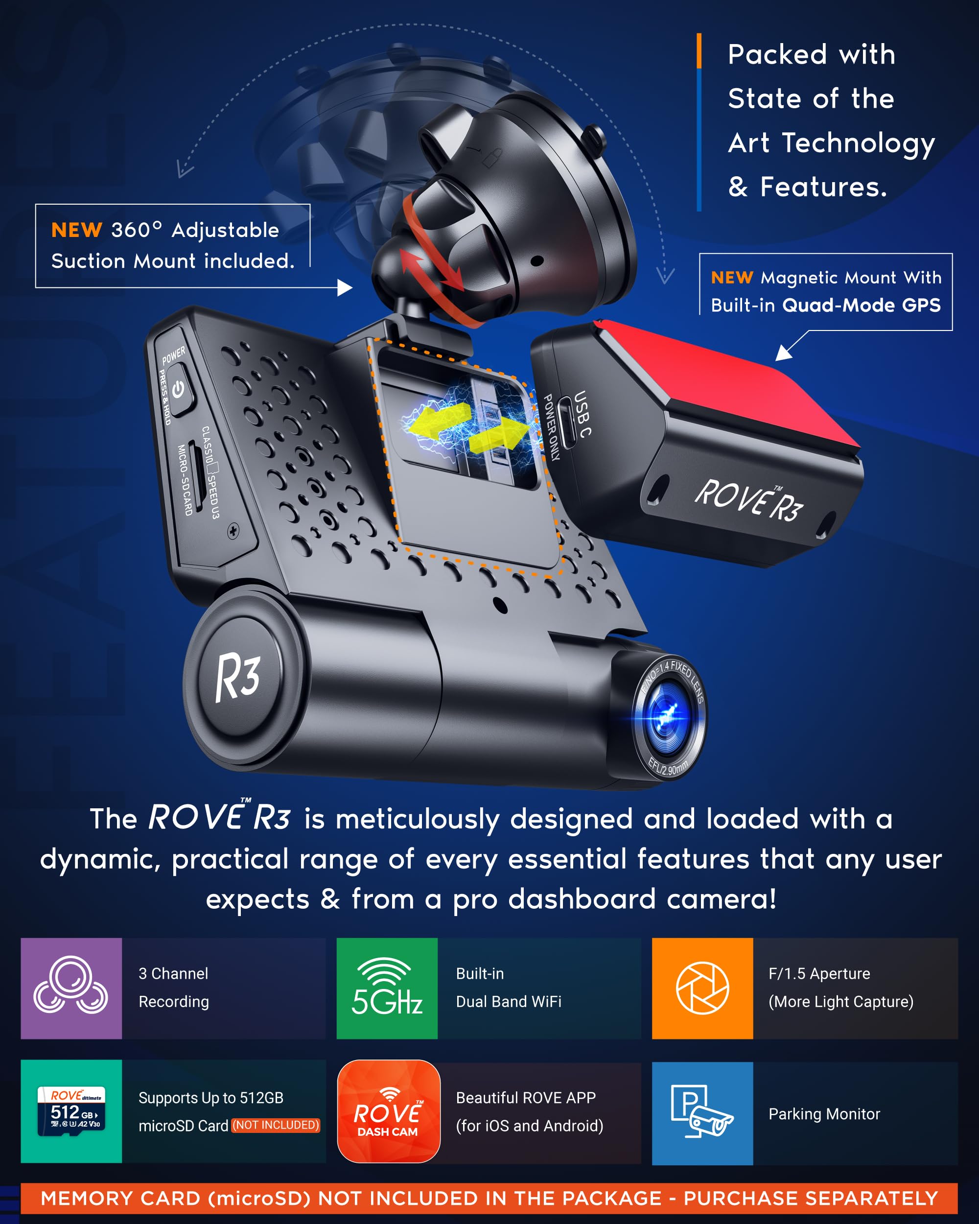 ROVE R3 3 Channel Dash Cam - Front & Rear with Cabin -4 ROVE R3 3 Channel Dash Cam - Front & Rear with Cabin -4