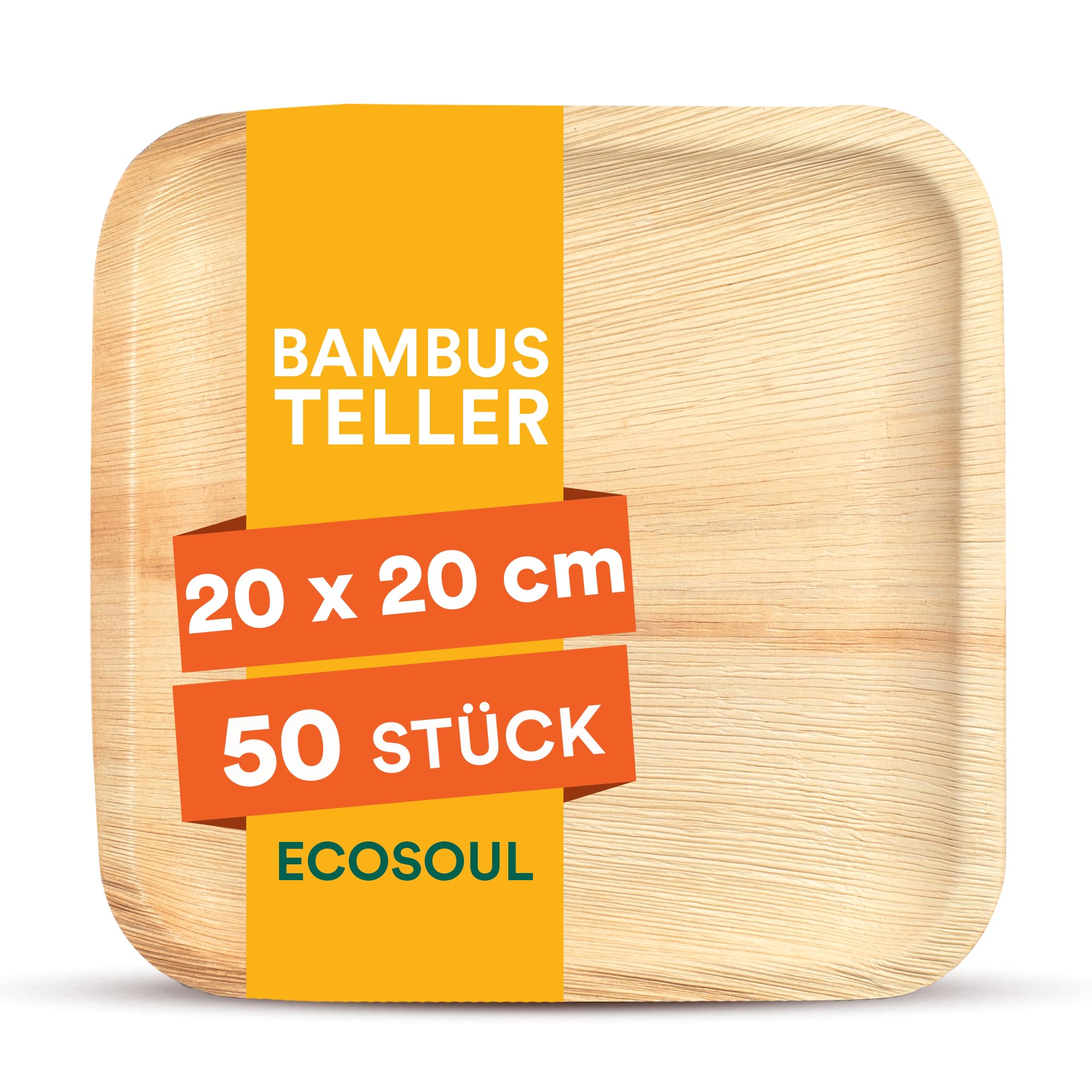 ECO SOUL [8 inch, 50-Pack Areca Palm Leaf Square Plates | Disposable Eco-Friendly Biodegradable Like Bamboo Wood Plates | Party, Wedding, Event Plates (20 cm)