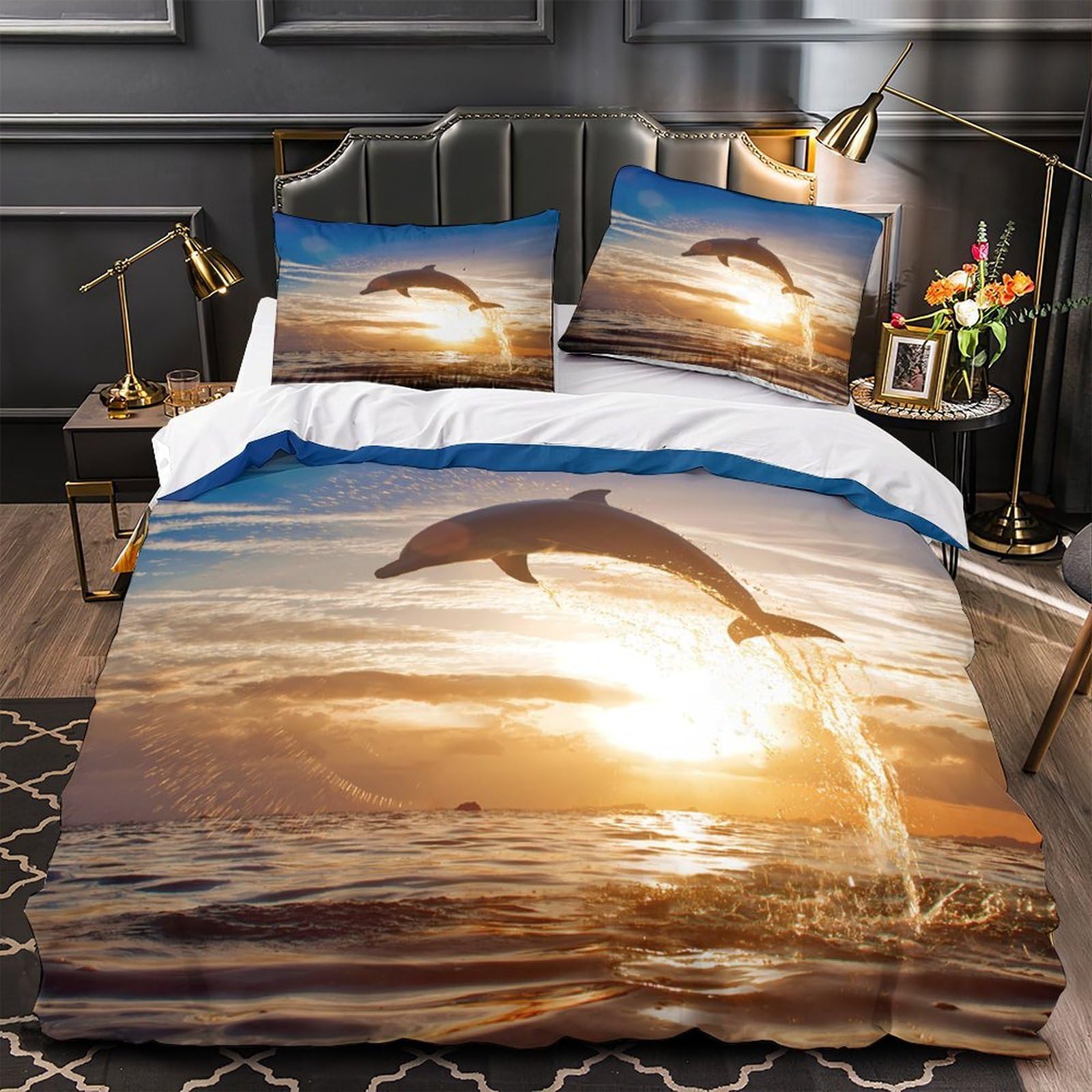 Housse de couette dauphin 3D lit simple parure de lit microfibre avec coucher de soleil