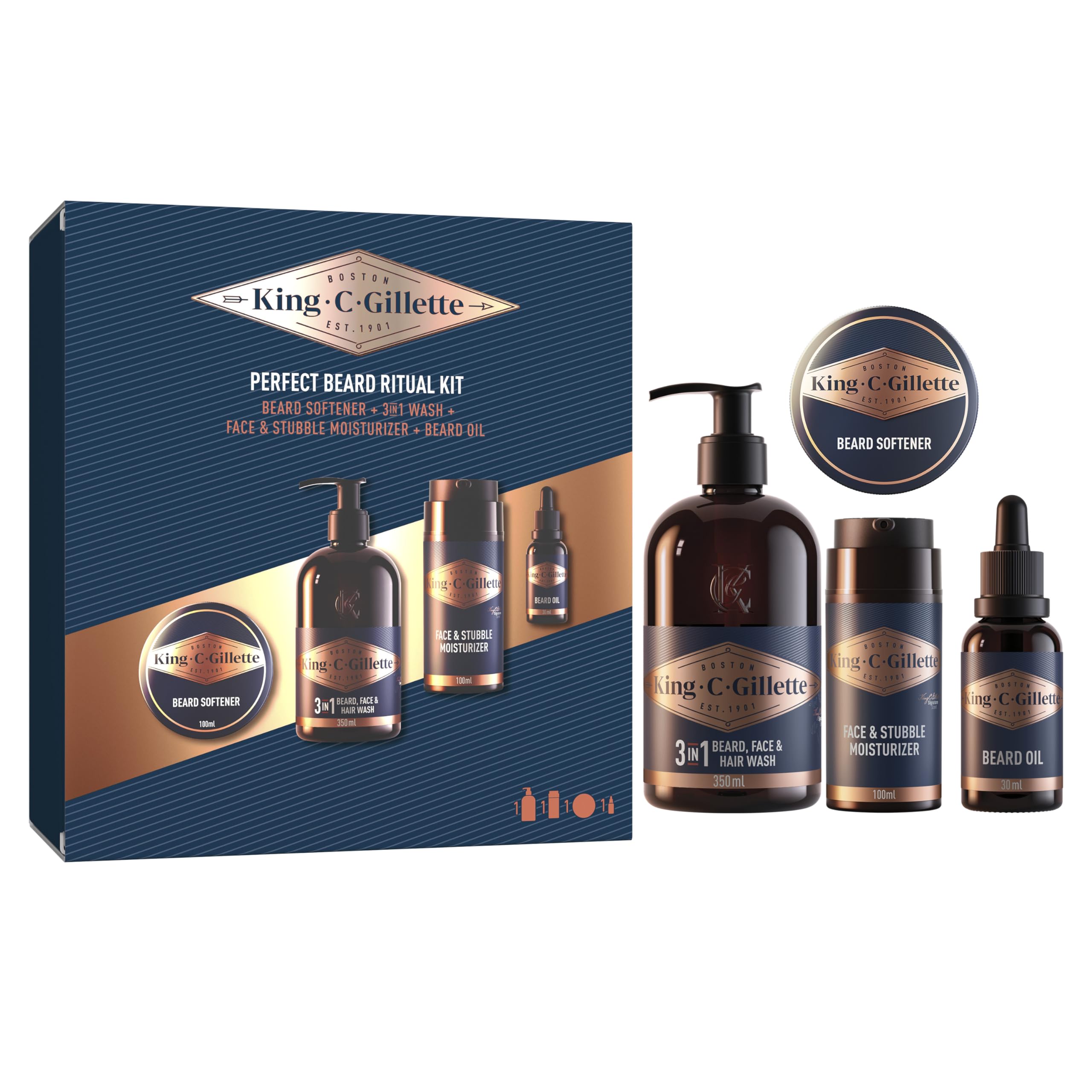 Gillette King C. Beard Ritual Kit - Men's Beard Stubble Gift Set - Gold