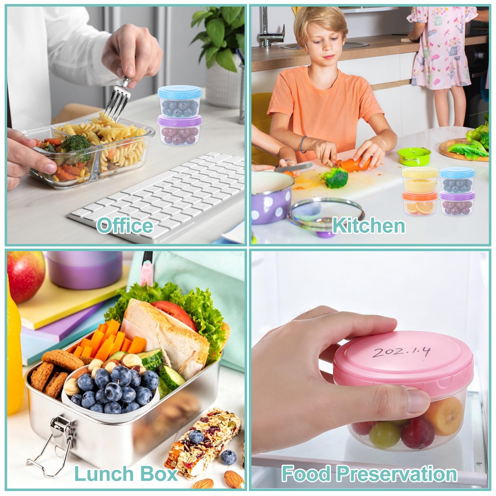 YOUNTHYE Confezione da 24 piccoli contenitori per alimenti con coperchio, 300 ml, riutilizzabili e impilabili, contenitori per alimenti con coperchi colorati per pranzo, frutta, yogurt