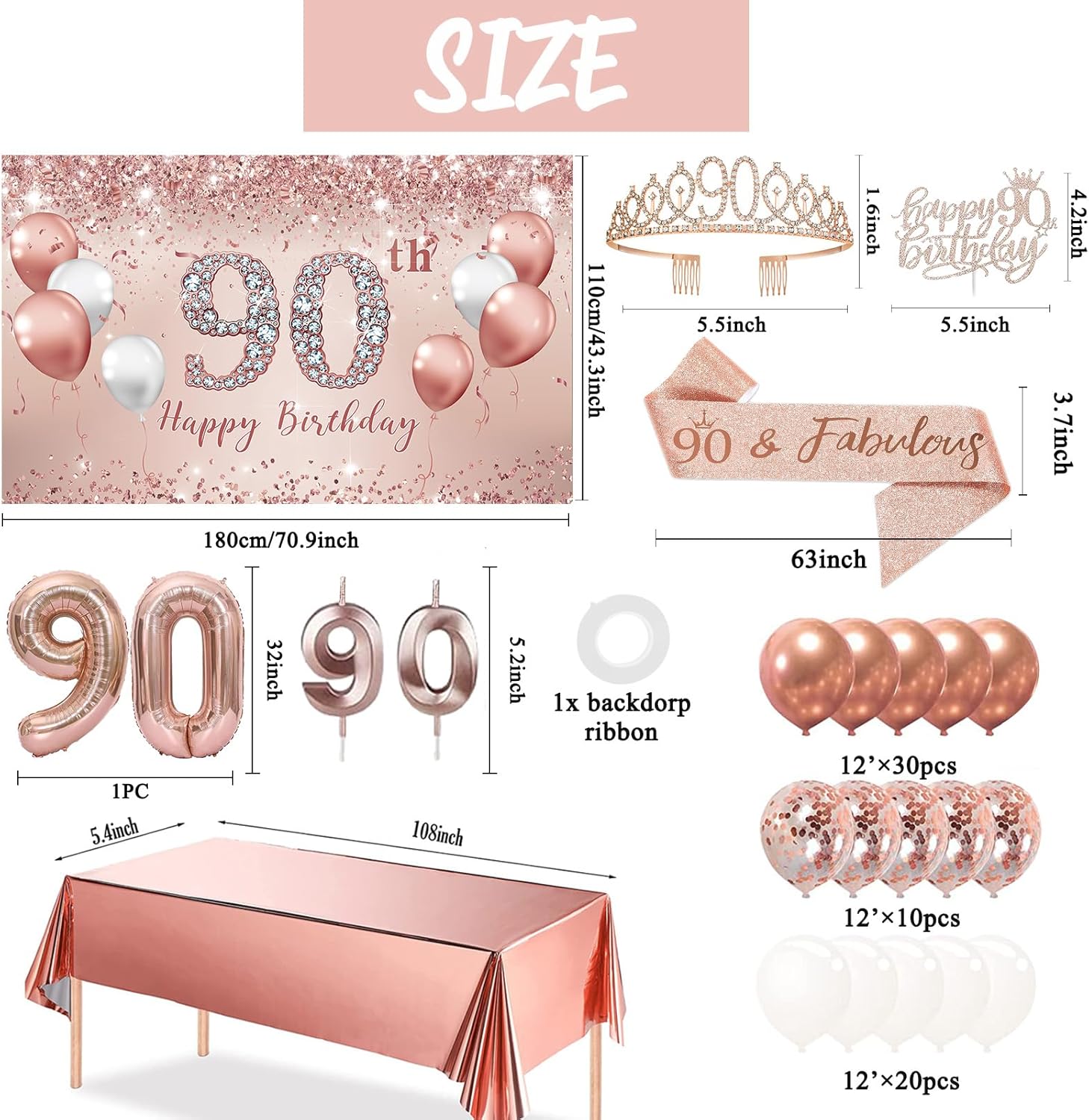 Trgowaul 90th Birthday Decorations Balloon Set Women's Arch, Rose Gold 90th Birthday Banner and Party Tablecloth, Belt and Tiara, Pink Gold 90th Balloon, Pink Birthday Cake Top, Latex Balloon * 60 - Image 2