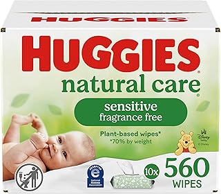 Huggies Natural Care Sensitive Baby Wipes, Unscented, Hypoallergenic, 99% Purified Water, 10 Flip-Top Packs (560 Wipes Total)