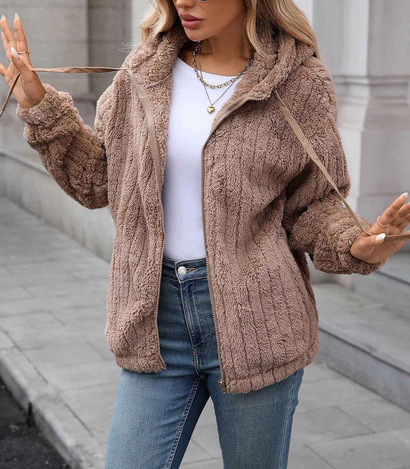 Womens Fleece Jacket Fall Winter Full Zip Sherpa Coat with Hood S-5XL - Image 6