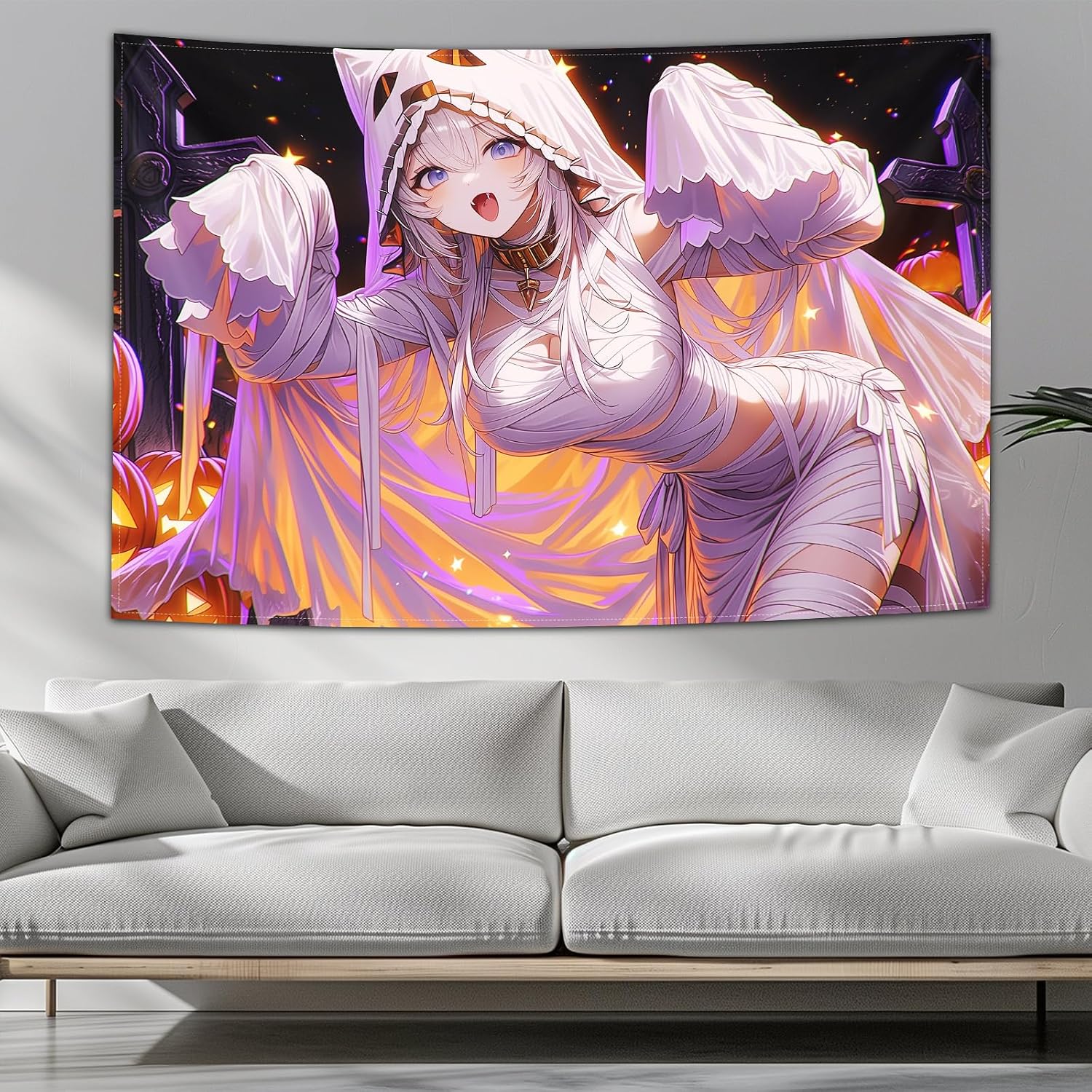 kubaricasy Gothic Anime 2026 Halloween Waifu Tapestry Wall Hanging, Sexy Mummy Bandage Cat Game Room Backdrop, Gothic Spooky Manga Girl Wall Decor Tapestries for Bedroom Dorm, 150 x 100 cm 60"x40" image 3