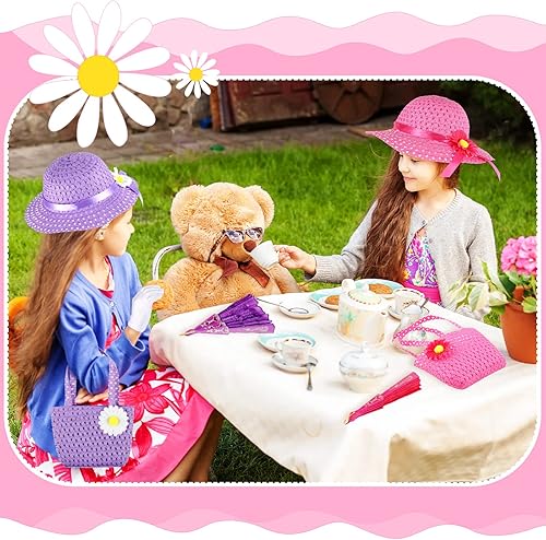 Miniatura 6 de Juego de 10 piezas de fiesta de té para niñas, incluye sombreros de fiesta de té, gorros, guantes de abanico, monedero rosa, boas de plumas, juegos