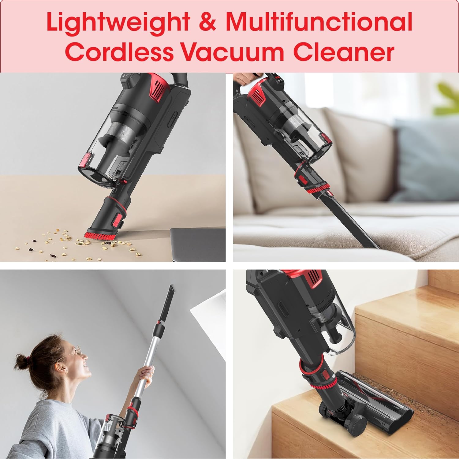 Cordless Vacuum Cleaner with Self-Standing, 45KPA Stick Vacuum, 88,000RPM Brushless Motor & LED Display, Anti-Tangle, Lightweight Vacuum Cleaners for Home, Pet Hair, Hardwood Floors, Red