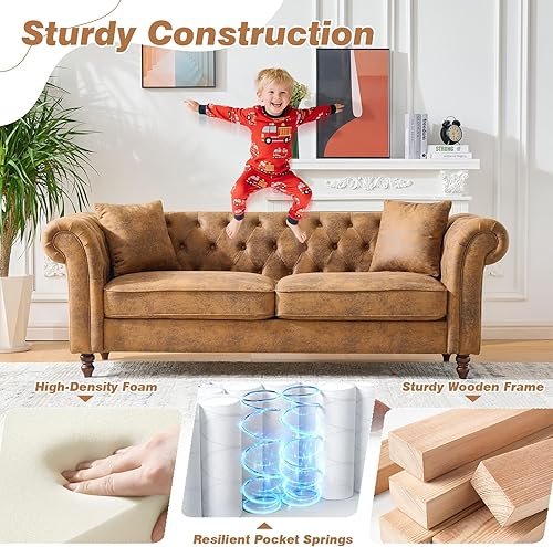 Miniatura 3 de Sofá Chesterfield de piel sintética de lujo de 83 pulgadas, cómodo sofá tapizado profundo de 3 plazas con reposabrazos enrollable y botón copetudo